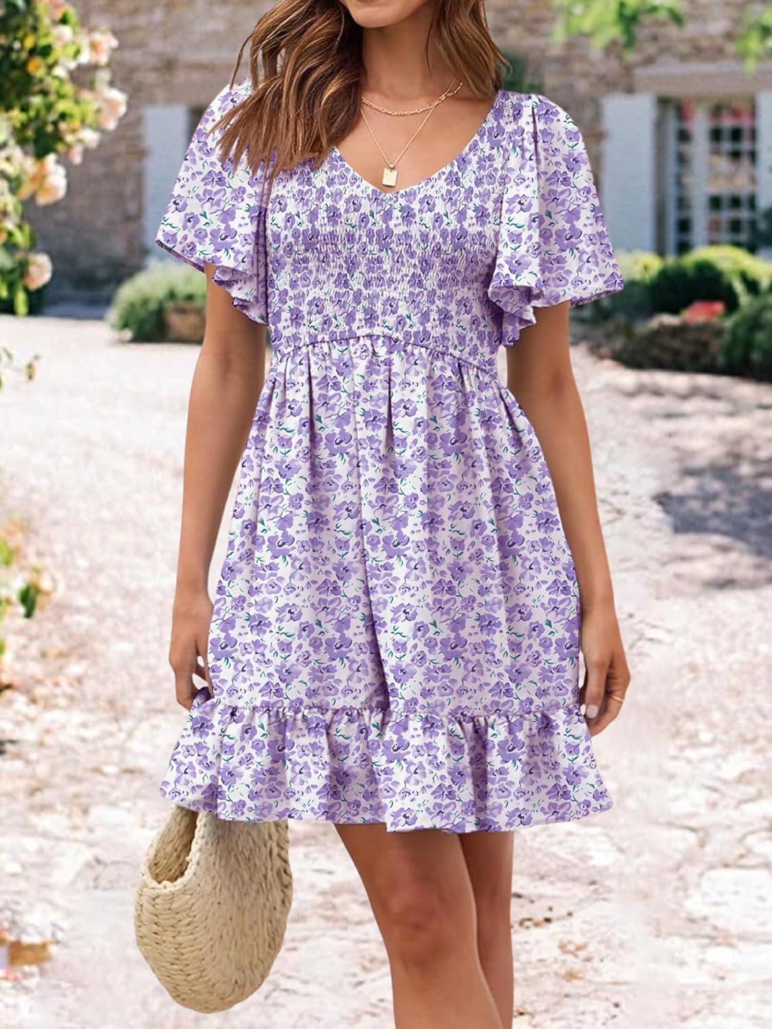 Womens Cute Floral Smocked V Neck Flutter Sleeve Sundress with Pockets Casual Spring Summer Dresses for Women 2026 - Image 2