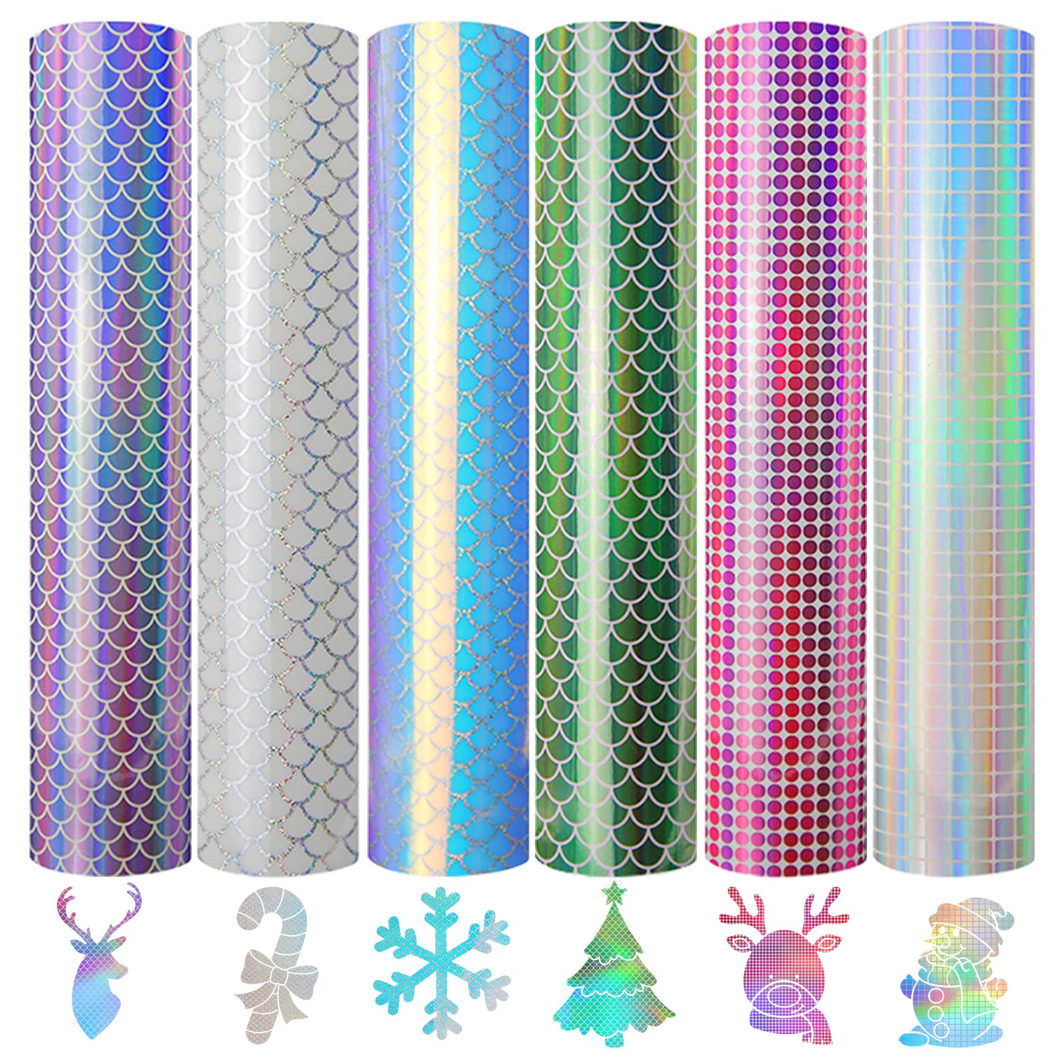 Christmas Adhesive Vinyl Craft Holographic Mermaid Stickers Vinyl Adhesive Permanent 12"x12"-6 Pack, Reflective Rainbow Vinyl Decal for Cricut and Other Craft Cutters