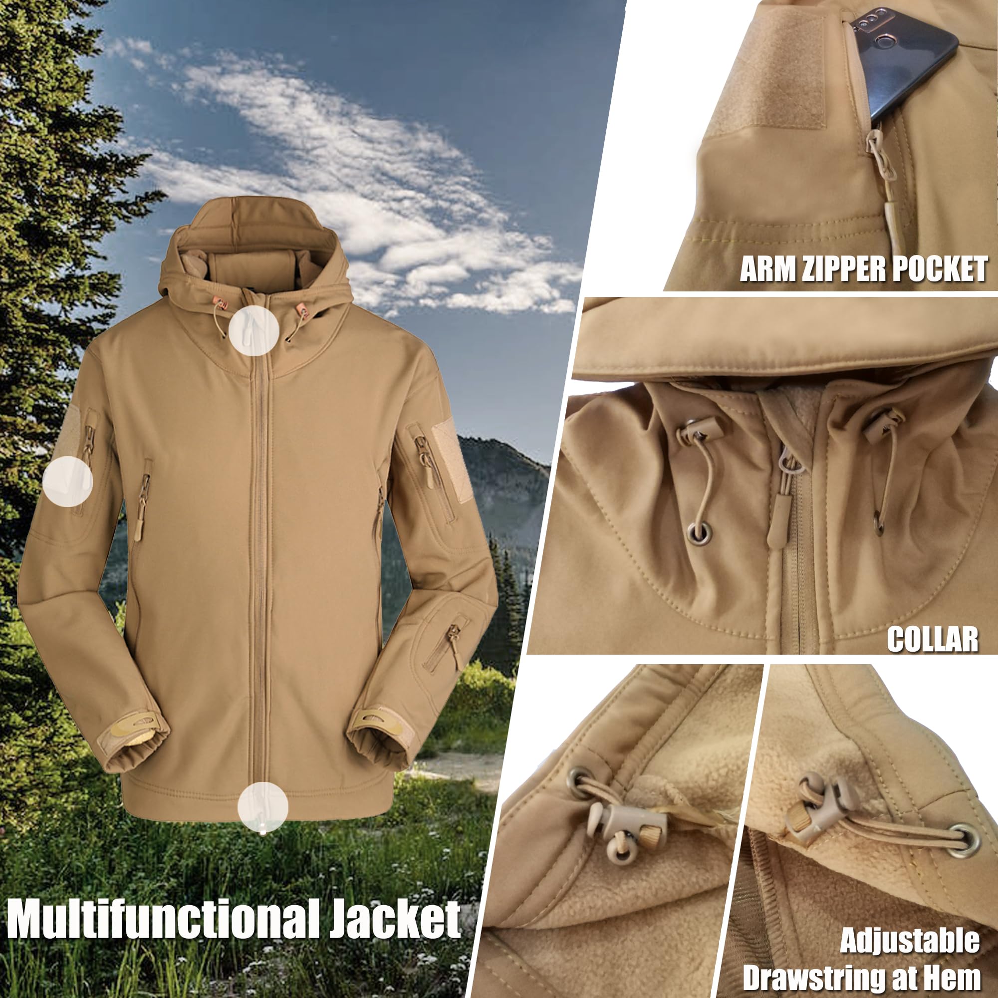 Kelmon Uomo Tattico Softshell Giacca Multifunzionale Outdoor Camouflage Militare Pile Fodera Impermeabile Antivento Calda Cappuccio Cappotto