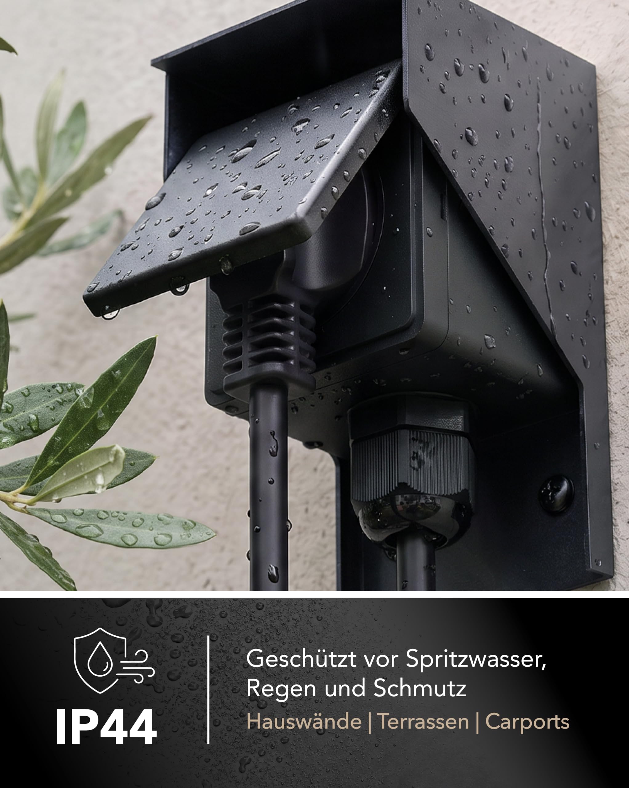 ledscom.de 3x Aufputz Steckdose PIWI für außen und 2m Kabel, IP44, 1-fach, anthrazit