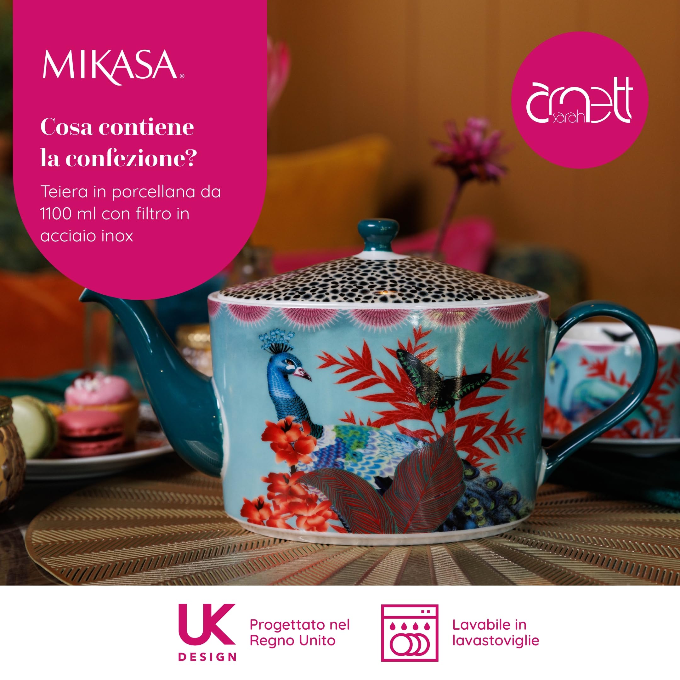 Mikasa x Sarah Arnett Teapot, Teiera in porcellana con coperchio, stampa tropicale per intrattenimenti, 1.1L - Confezione regalo e lavabile in lavastoviglie