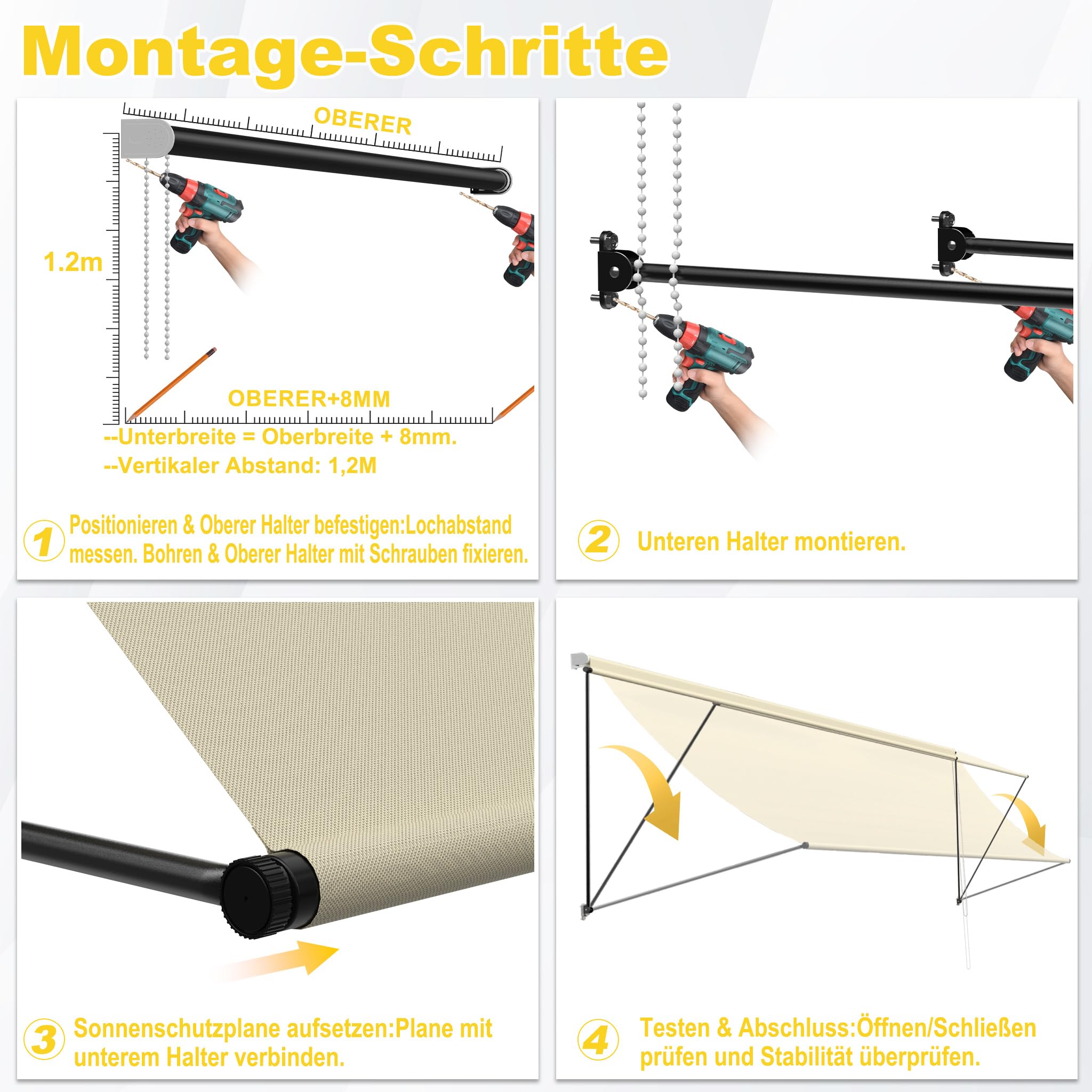 FIVMEN Toldo de brazo plegable retráctil con cordón y barra de soporte de aluminio, toldo para balcón, toldo solar, protección solar para ventanas, terraza, balcón, 300 x 145 cm, beige