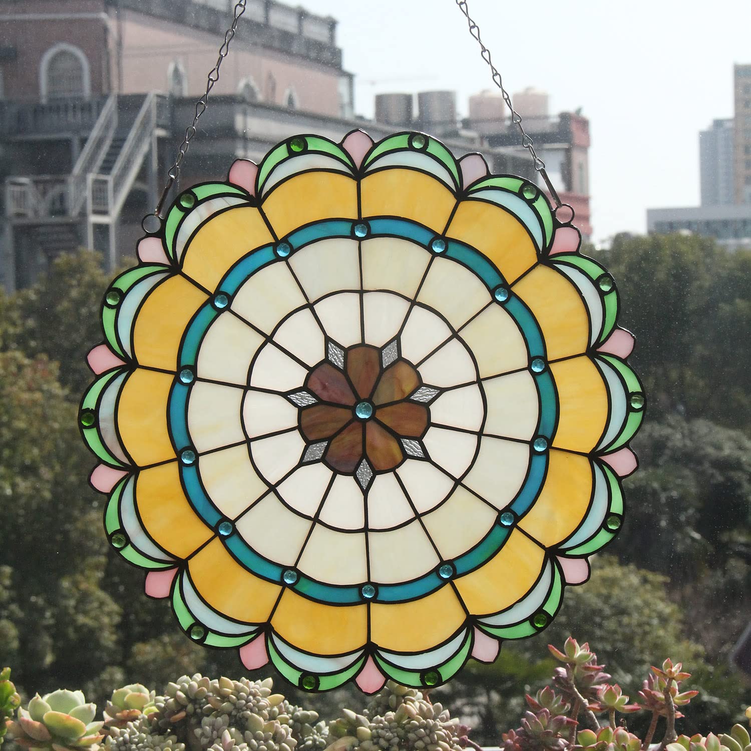 40,6 cm runde Buntglas-Fenster-Aufhängung, Tiffany-Stil, handgefertigt, Sonnenfänger für den Innenbereich für Fenster oder die Wand