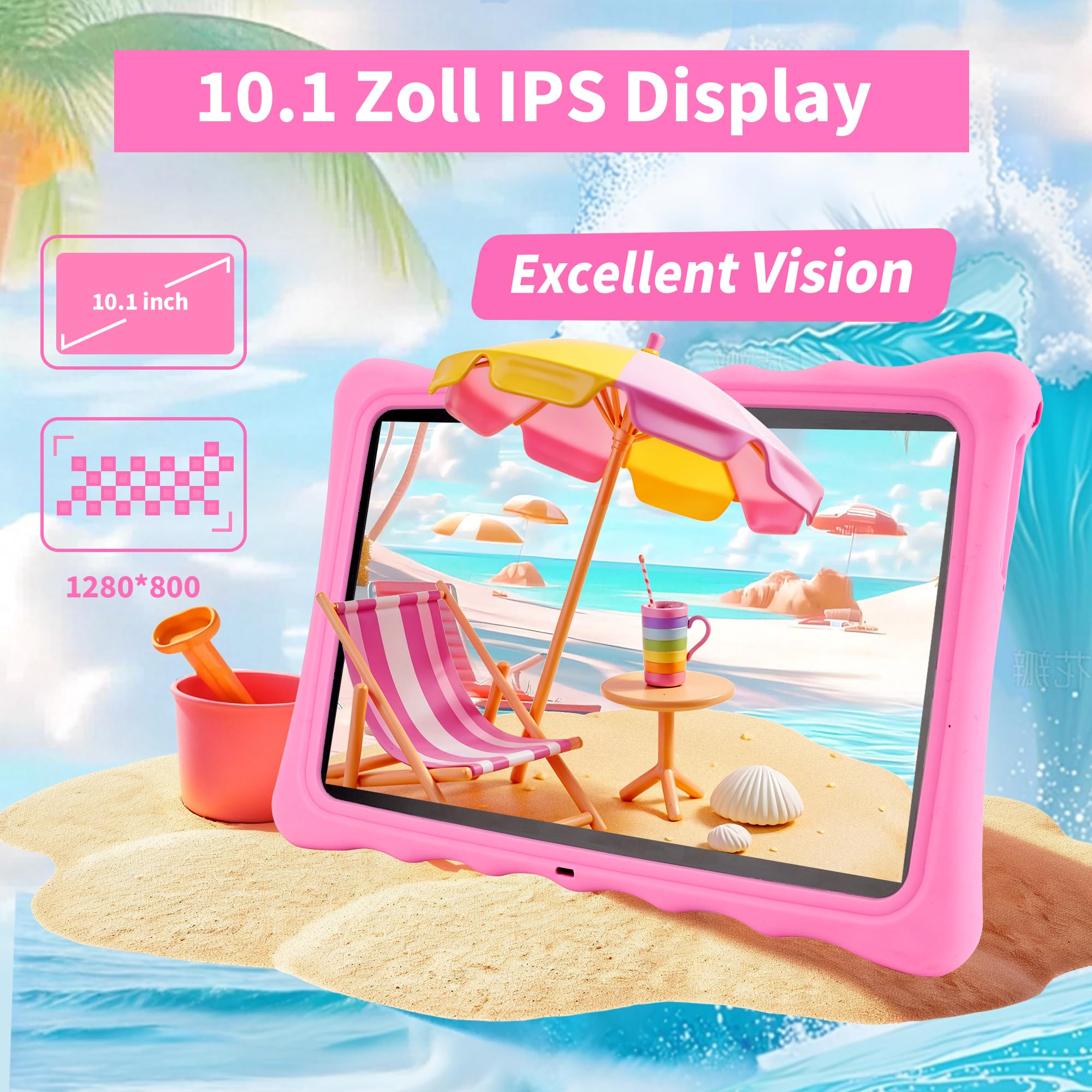 Veidoo Kinder-Tablet – 25,7 cm (10,1 Zoll) IPS-Augenpflege-Bildschirm, 7 GB (3 + 4) RAM, 64 GB ROM 512 GB erweiterbar, Dual-Kamera, WiFi 6, Octa-Core-Kindersicherungs-Tablet mit Silikon-Schutzhülle