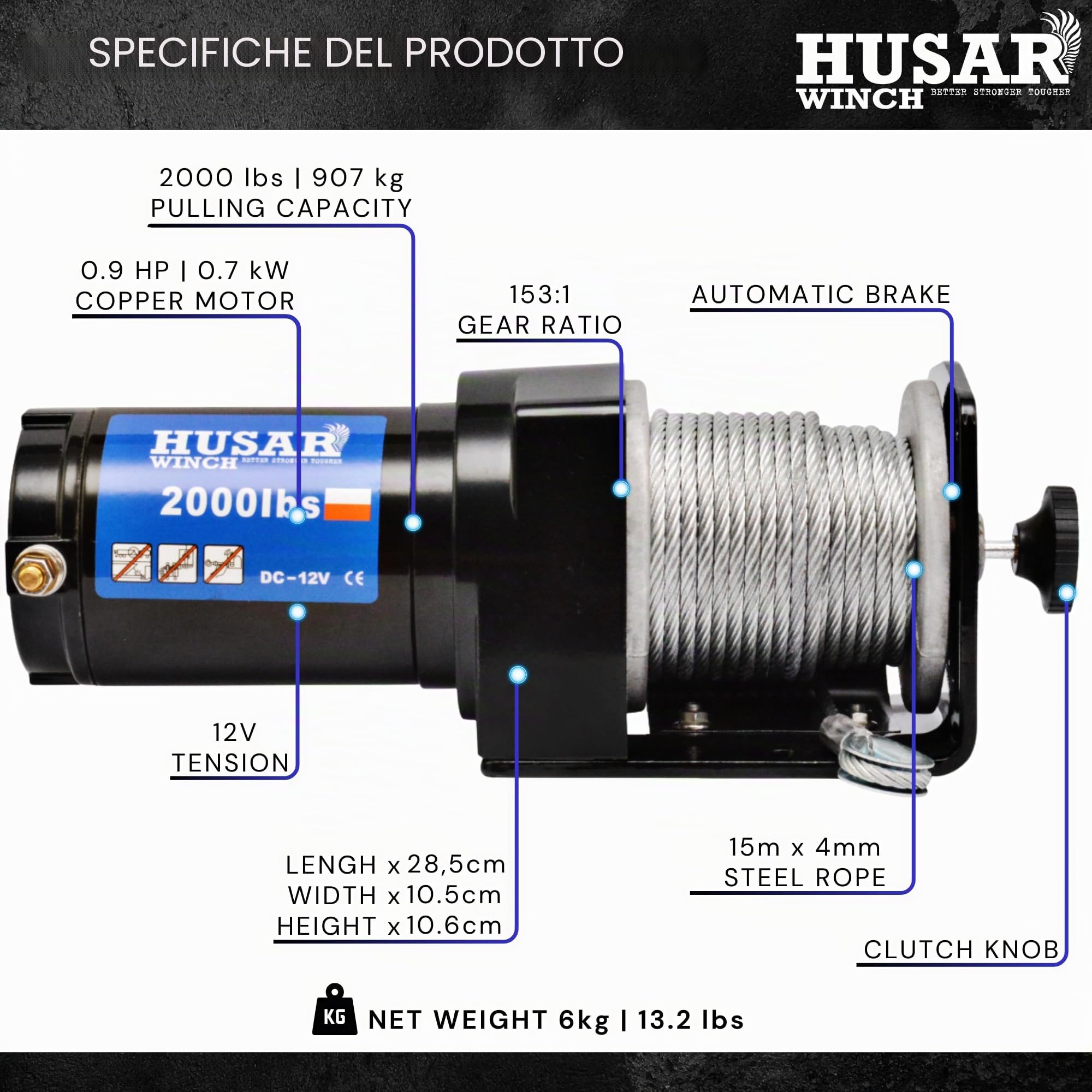 Verricello Elettrico 12V, 2000 lbs | 907 kg – Cavo in Acciaio da 15 Metri, Estremamente Robusto, Comando a Filo, Freno Automatico, Kit di Montaggio – Ideale per Quad e ATV/UTV