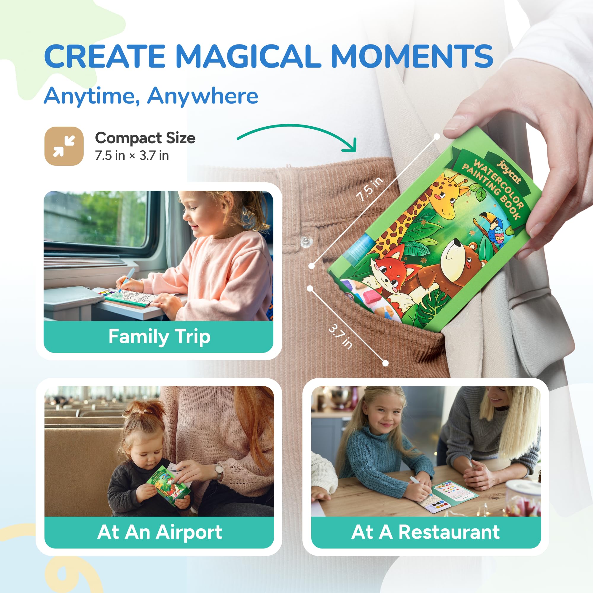 JoyCat Set da 2 Libri da Colorare con Acquerelli per Bambini, Set di Attività Creative e Artistiche, Kit Creativo da Viaggio e Casa, Regali per Ragazze e Ragazzi da 3 a 8 Anni (Verde Chiaro & Verde)