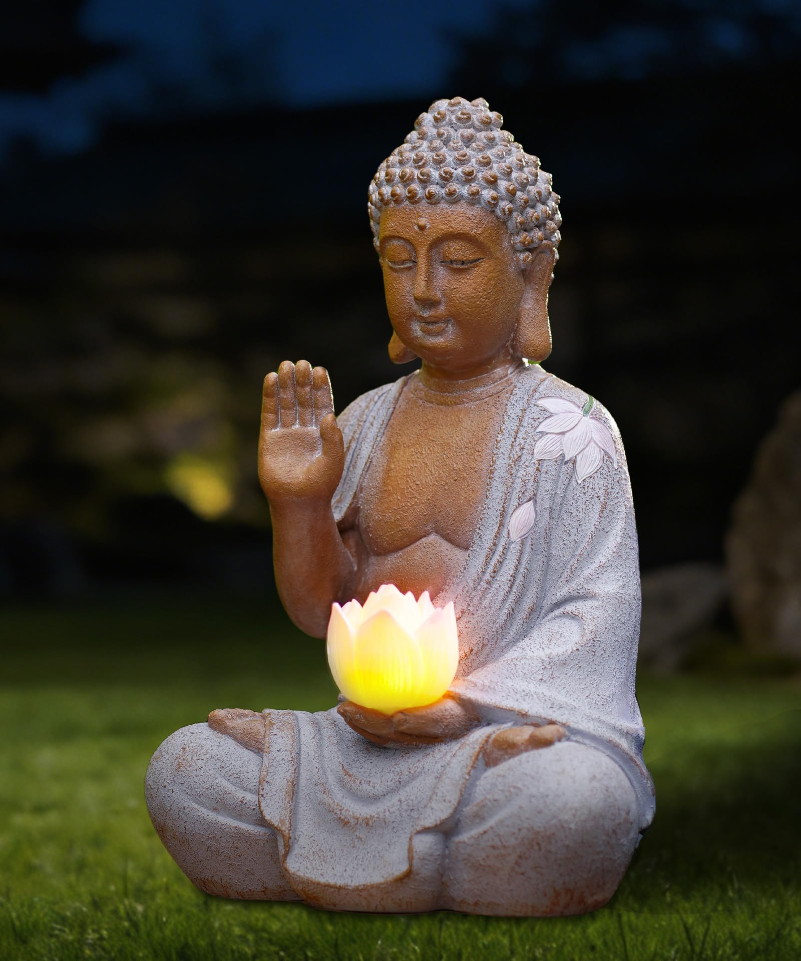 Yeomoo Figura de Buda con LED Solar LED Decoración de Jardín - Resistente a la intemperie Meditación Jardín Figuras Decoración para Zen Jardín Salón Feng Shui Regalo Espiritual para Mujeres Mamá