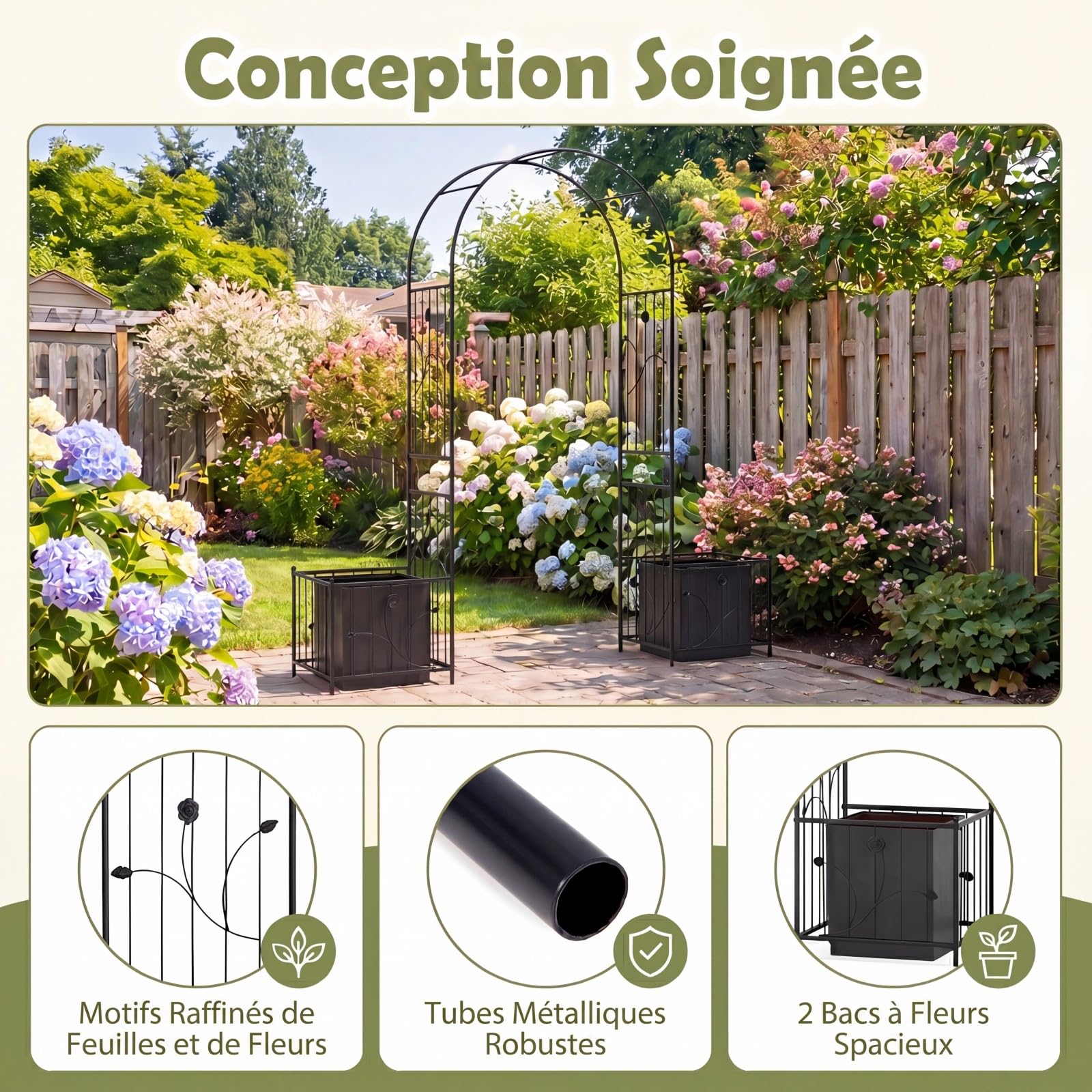 GYMAX Arche de Jardin avec 2 Jardinières, Treillis Métallique avec Pique pour Plantes Grimpantes & Rosiers, Arche de Rose avec bac à Fleurs, pour Mariage, Pelouse, Arrière-Cour