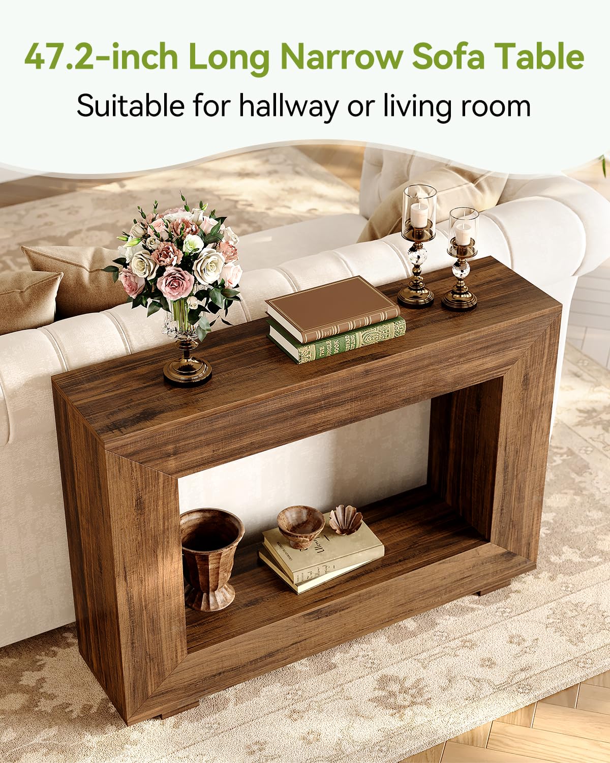 LITTLE TREE Tavolo consolle da 119 cm, divano con contenitore, mobili moderni da ingresso per corridoio, divano lungo e stretto, tavolo da ingresso per soggiorno, marrone
