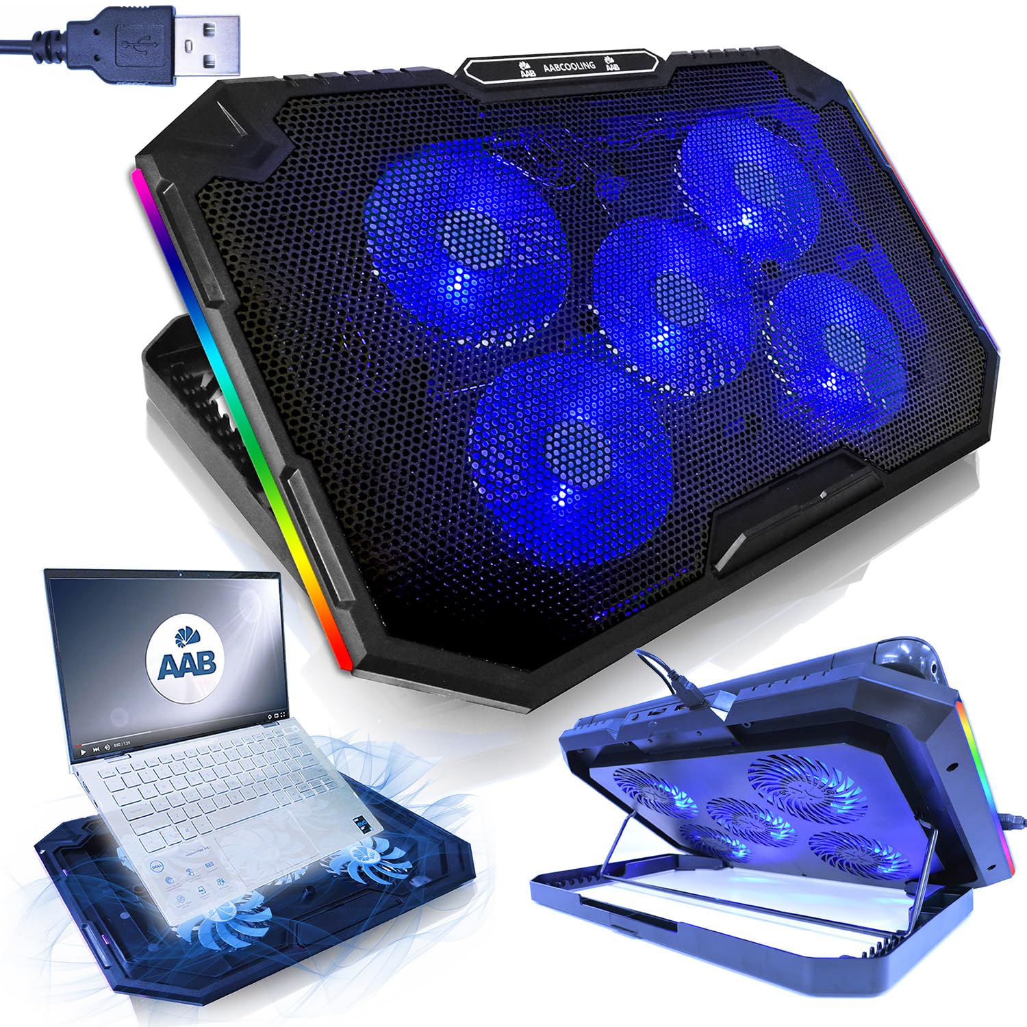 AABCOOLING Elektra - Podstawka do laptopa z 5 wentylatorami, podstawa chłodząca, chłodzenie notebooka, dobra wydajność i niski poziom hałasu, do laptopa 10~17", 7-stopniowy kąt, podświetlenie RGB