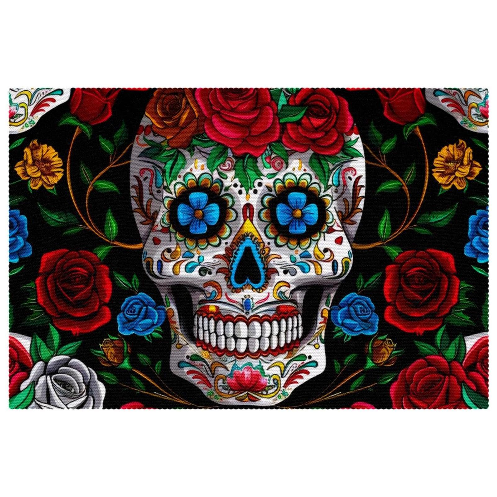 Sets de table lavables antidérapants motif tête de mort et rose rouge 30,5x45,7 cm - x6