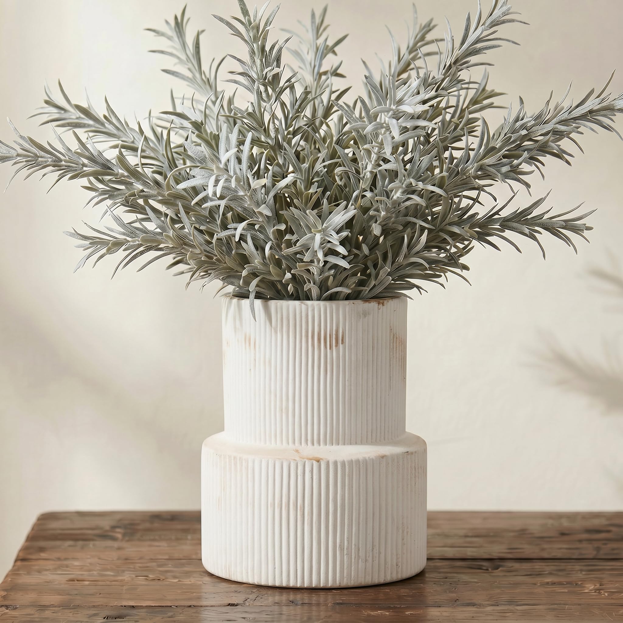 KRYSTHIA White Ceramic Vase, Decorative Terracotta Ribbed Rustic Vase for Pampas Grass, Farmhouse Vintage Vases for Home Decor, Living Room, Bedroom, Office, Coffee Table, Kitchen