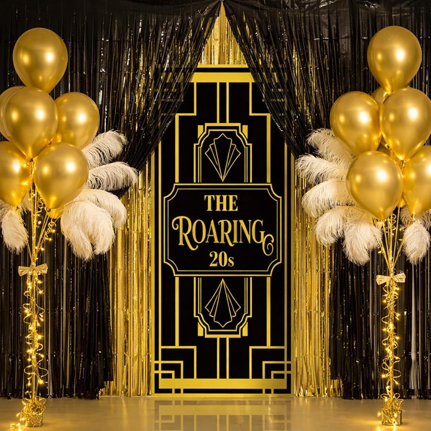 20 Pcs Roaring 20s Party Decorations Set Door Cover Banner with Black and Gold Tinsel Curtain Backdrop Balloons, 1920s Party Decor for Speakeasy, Retro Jazz