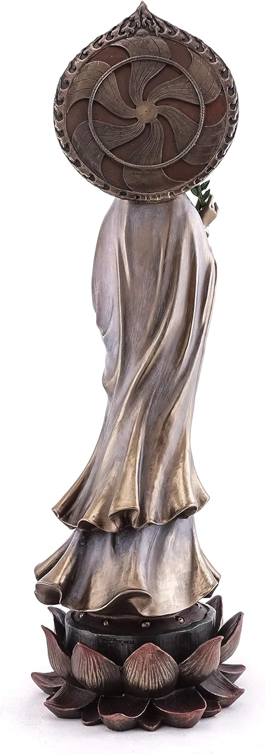 Top Collection Guan Yin Statue Standing on Lotus Pedestal- Quan Yin East Asian Goddess of Compassion and Mercy Sculpture in Premium Cold Cast Bronze - 16.75-Inch Collectible Meditating Buddha Figurine