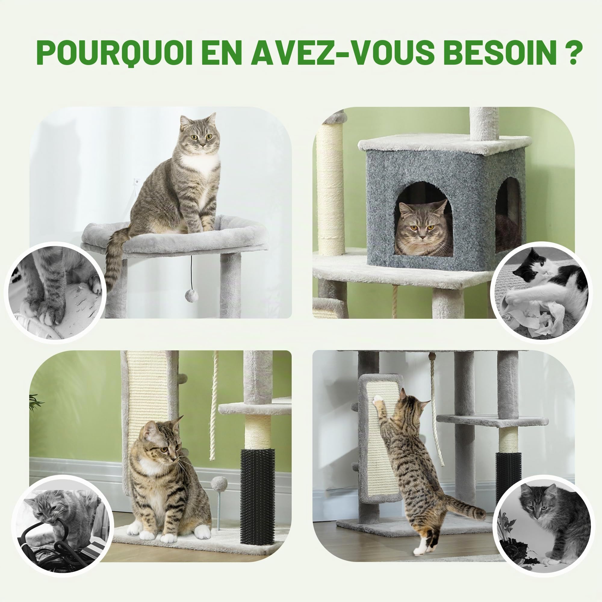 PawHut Arbre à chat de 132 cm avec grotte, balle de jeu, griffoir en sisal, pour chats jusqu'à 6 kg, gris clair