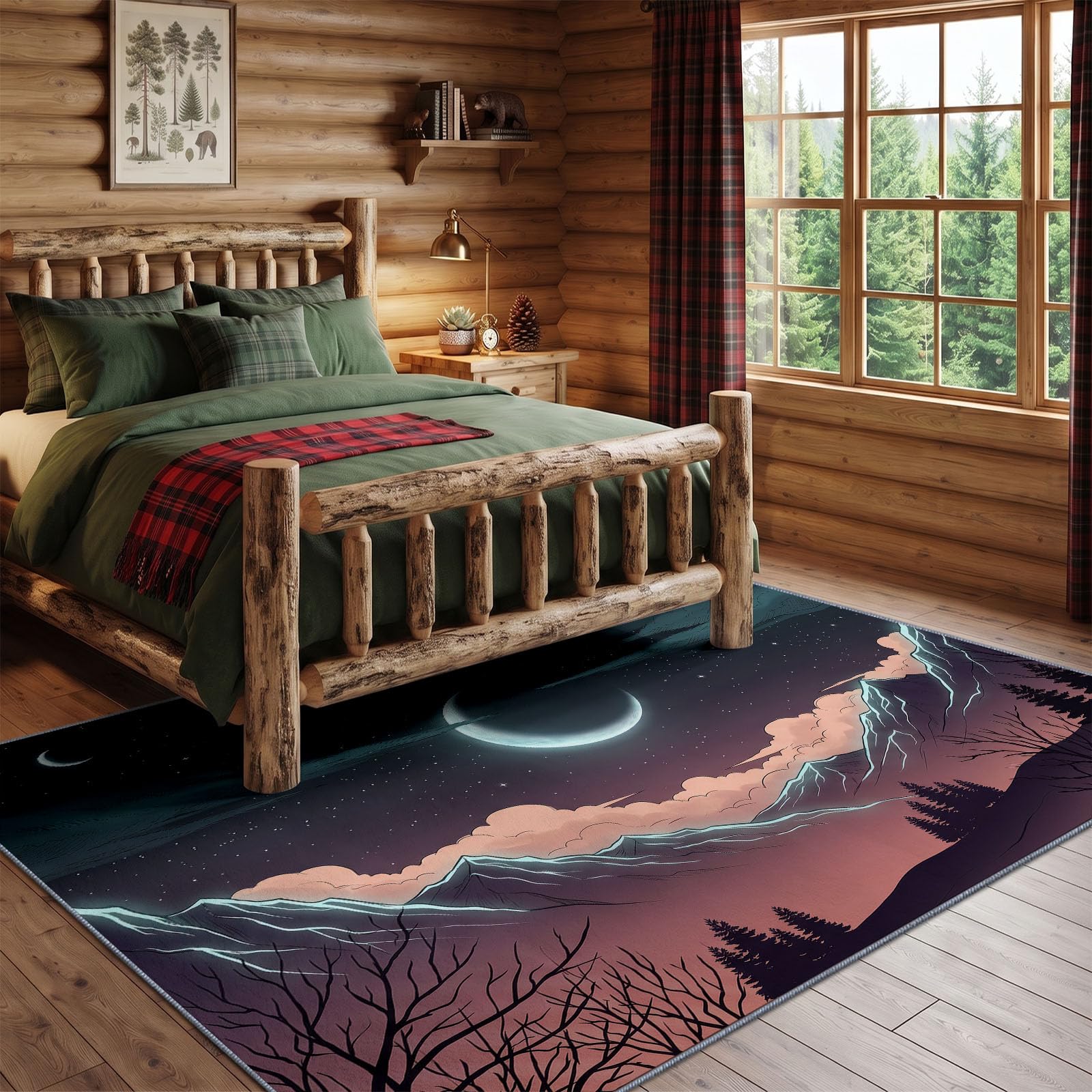 Générique Tapis Poil Ras Salon Illustration Doux Moquette Chambre 140 x 200 cm, Lavable Descente De Lit Rouge pour Cuisine, Salle à Manger, Bureau Couloir-Tapis Lune Forêt Arbres Dénudés
