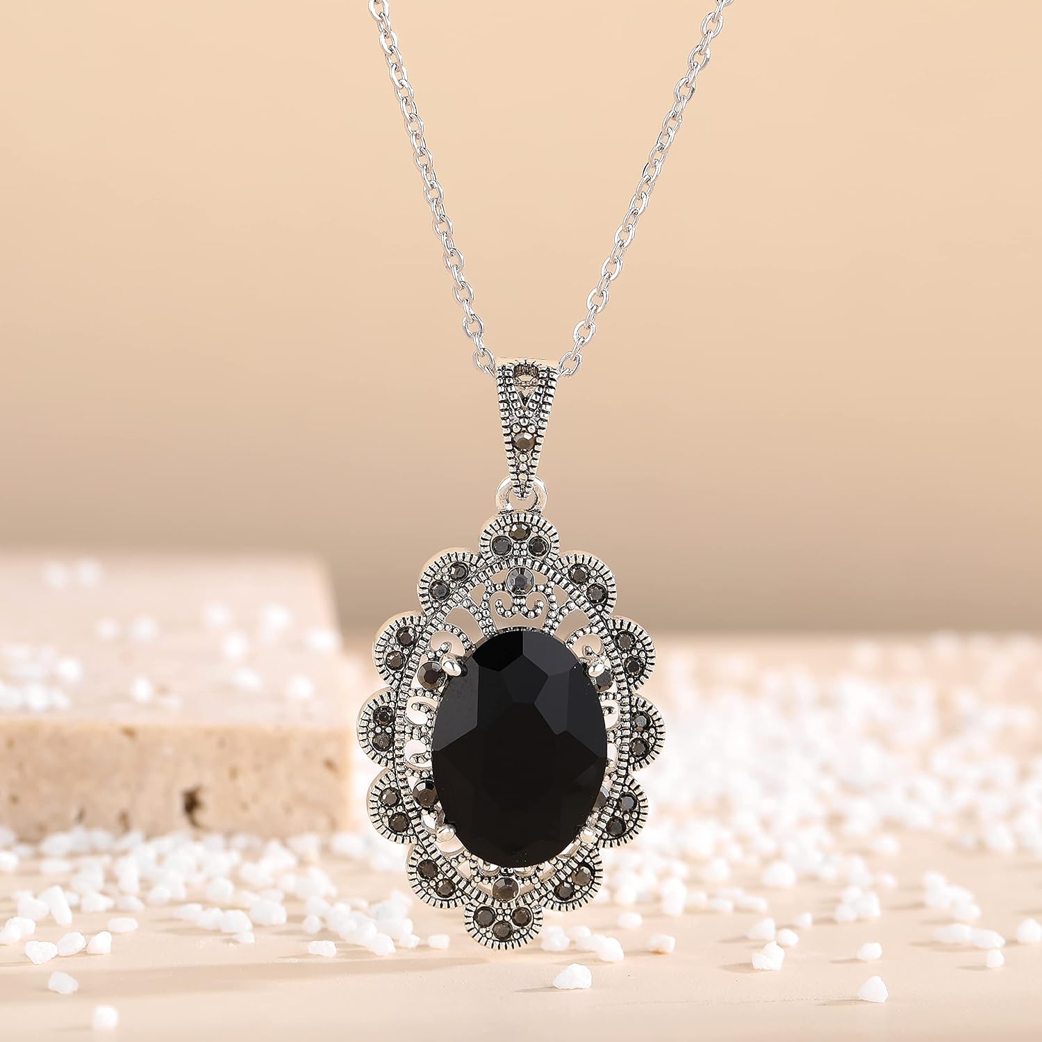Silver Pendant Necklace for Women, Vintage Black Onyx Gemstone Pendant Necklace Jewelry for Her - Image 5