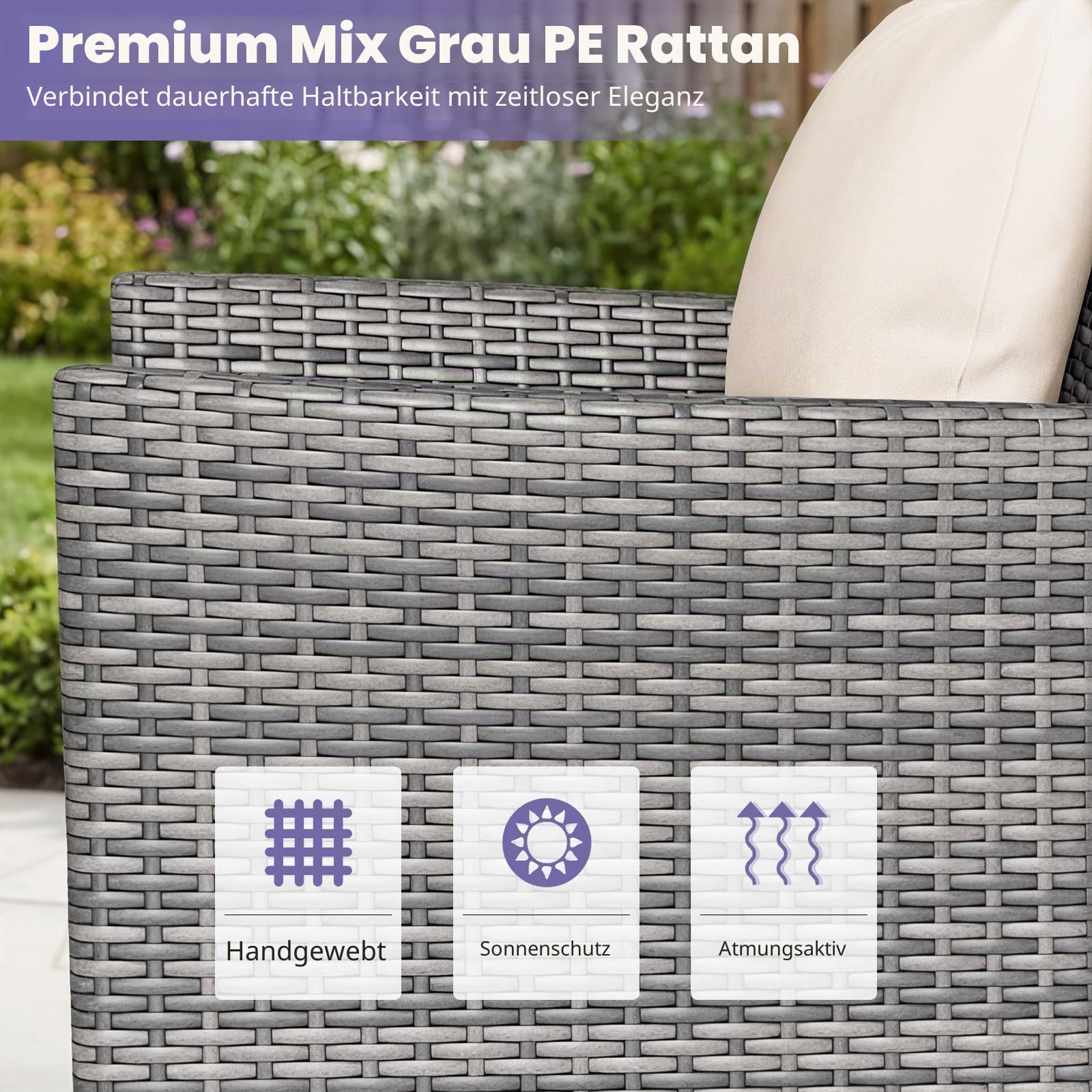 LIFEZEAL Gartenmöbel Set PE-Rattan, Balkonmöbel Set inkl. 2 Stühle mit Sitzkissen & Gartentisch, 3 TLG. Sitzgruppe für 2 Personen, Lounge Set für Balkon, Terrasse, Hof (Beige)