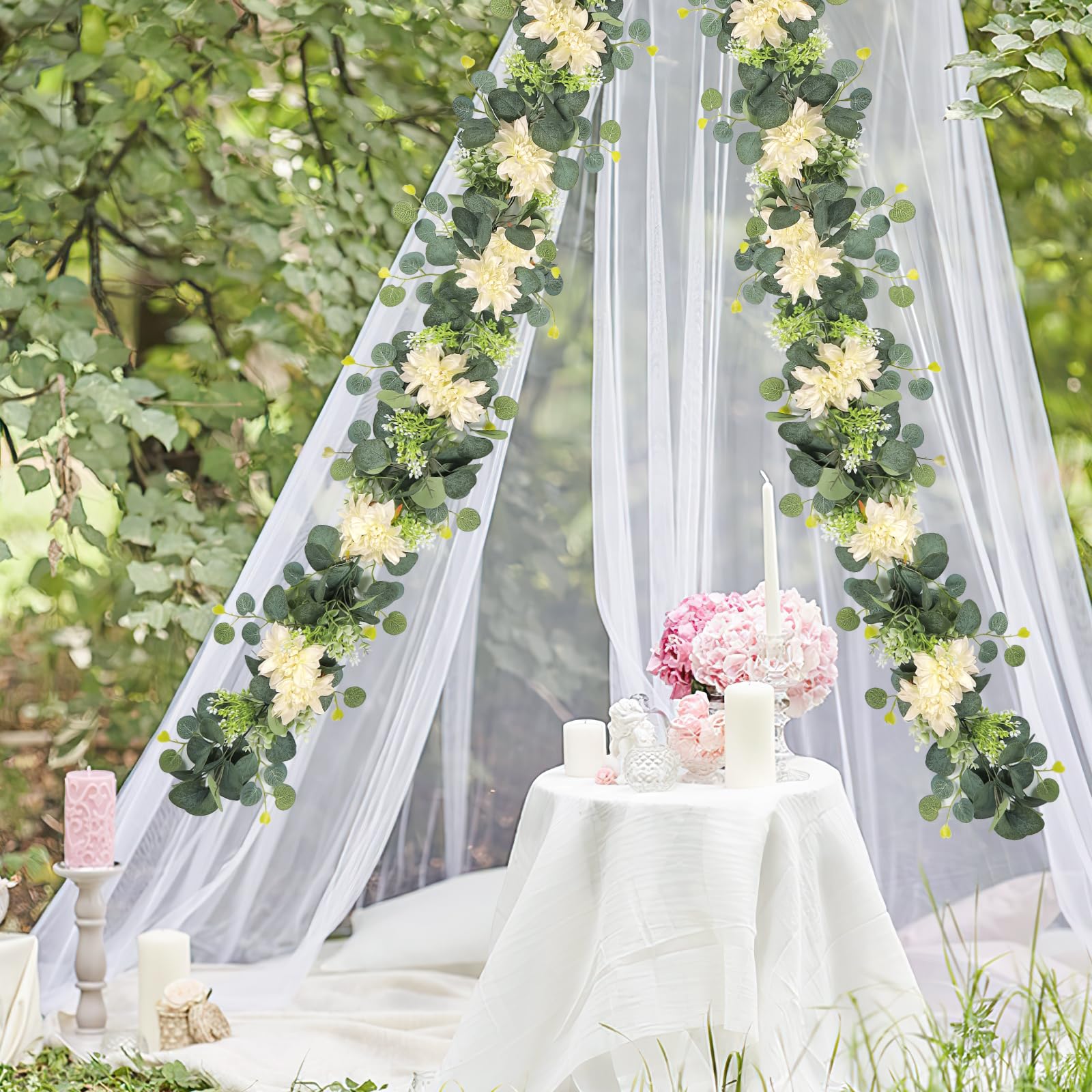 Dremisland Künstliche Eukalyptus-Blumengirlande mit Champagner-Dahlie-Blume, 7,6 m, künstliche Champagnerblume, grüne Girlande, hängende Blumenranken für Hochzeit, Zuhause, Party, Wand-Tischläufer