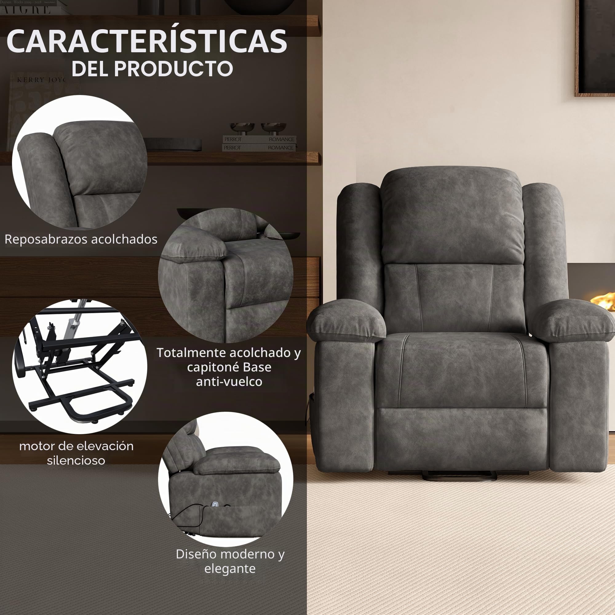Silla de masaje eléctrica con calefacción y función reclinable vibración, ideal para relajación en salón (gris)