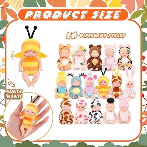 Miniatura 2 de Juego de 16 mini muñecas de bebé Reborn de 4 pulgadas muñeca realista de bebé lavable de PVC con ropa de animales para adolescentes y adultos