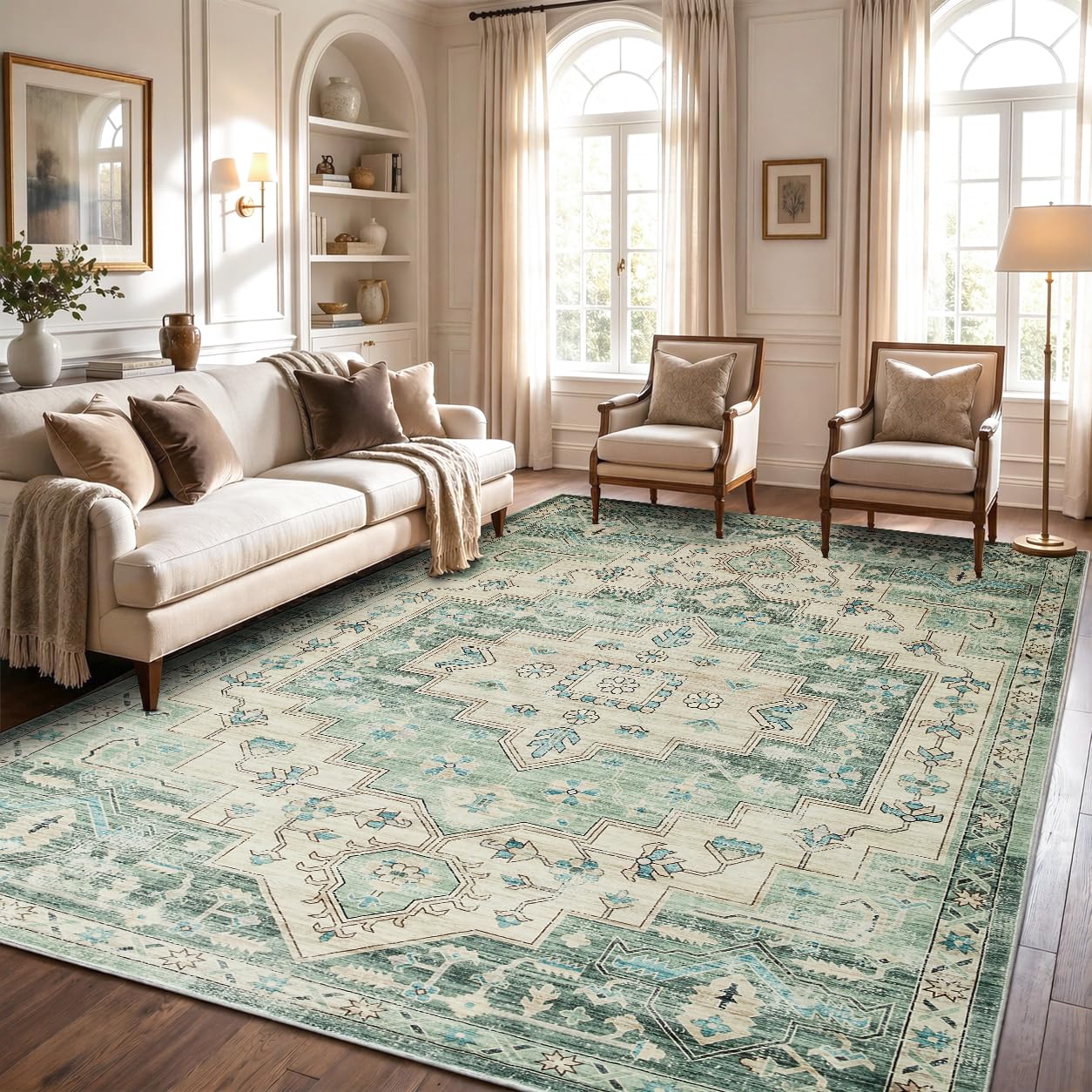 Hafaa Machine Washable Rugs Living Room Large 200x290 cm – Soft Short Pile Area Rugs For Bedroom, Dining Room, Kitchen Carpet Non Slip Traditional Design Vintage Boho Cashmere Rug, Ember