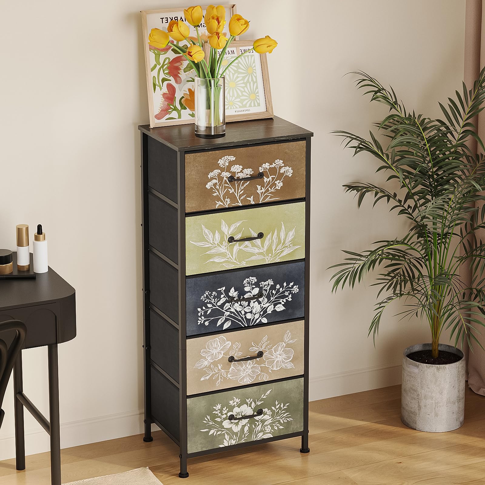 Cajonera de tela con 5 cajones de tela con diseño floral para dormitorio, sala de estar, habitación infantil y pasillo