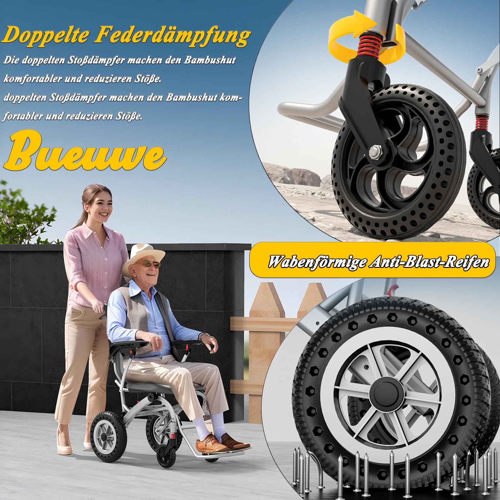 Klappbarer Transportstuhl leicht 9,8 KG - Tragbarer Rollstuhl für Reisen und Pflege mit ergonomischem W-Sitz, Aluminium-Rahmen, 130 KG Tragkraft, Doppelstoßdämpfer und 360°-Rollen