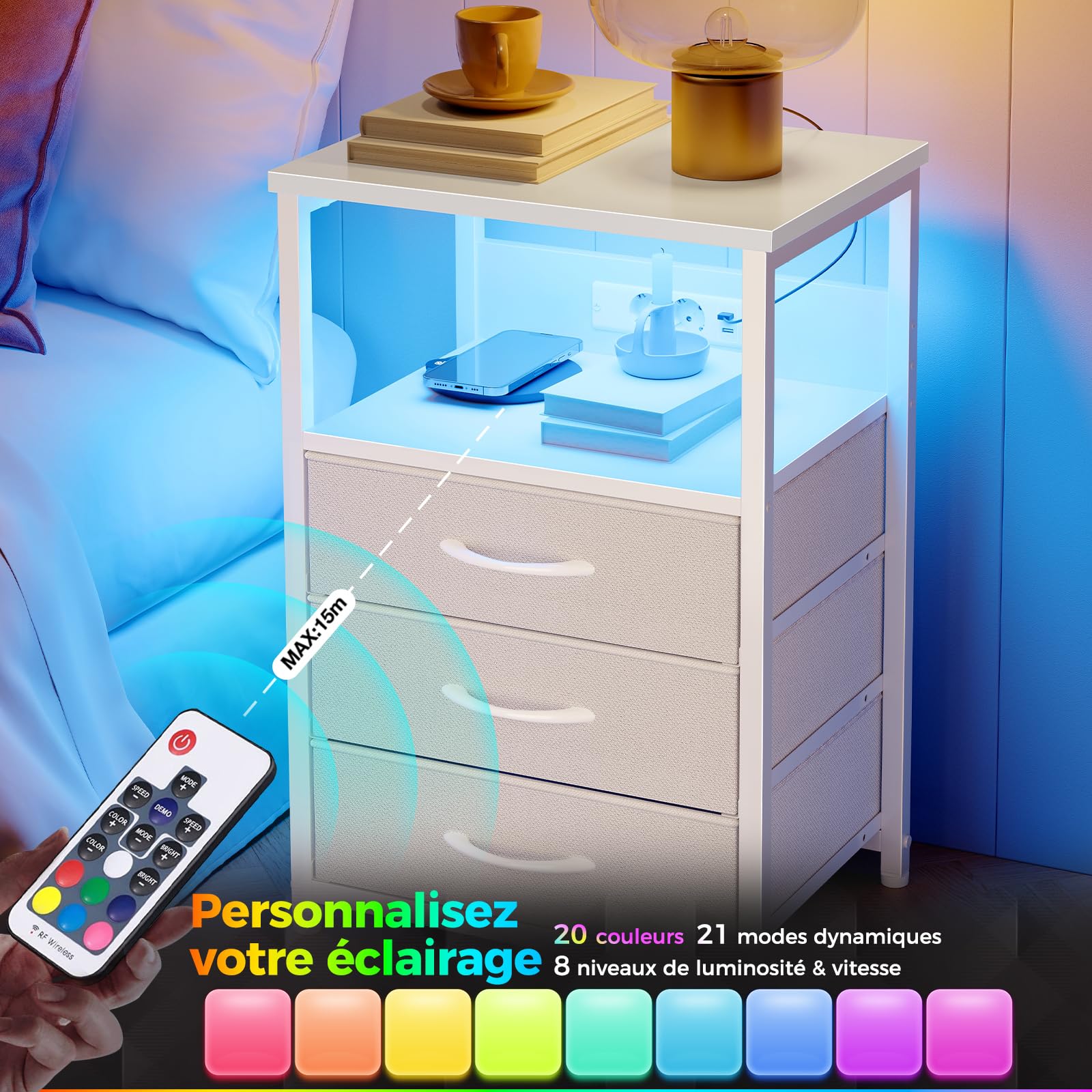 Seventable Lot de 2 Tables de Chevet connectées - avec 3 tiroirs, Prises USB et éclairage LED - pour Chambre à Coucher, Salon ou canapé (2, Blanc)