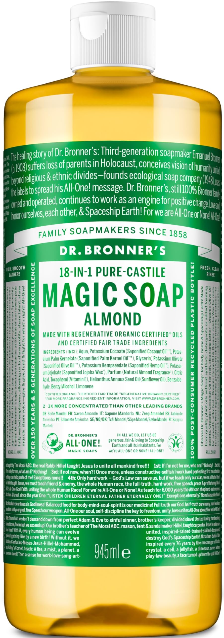 Dr Bronner's - 18-in-1 Almond Pure-Castile Liquid Soap, 946ml Bottle