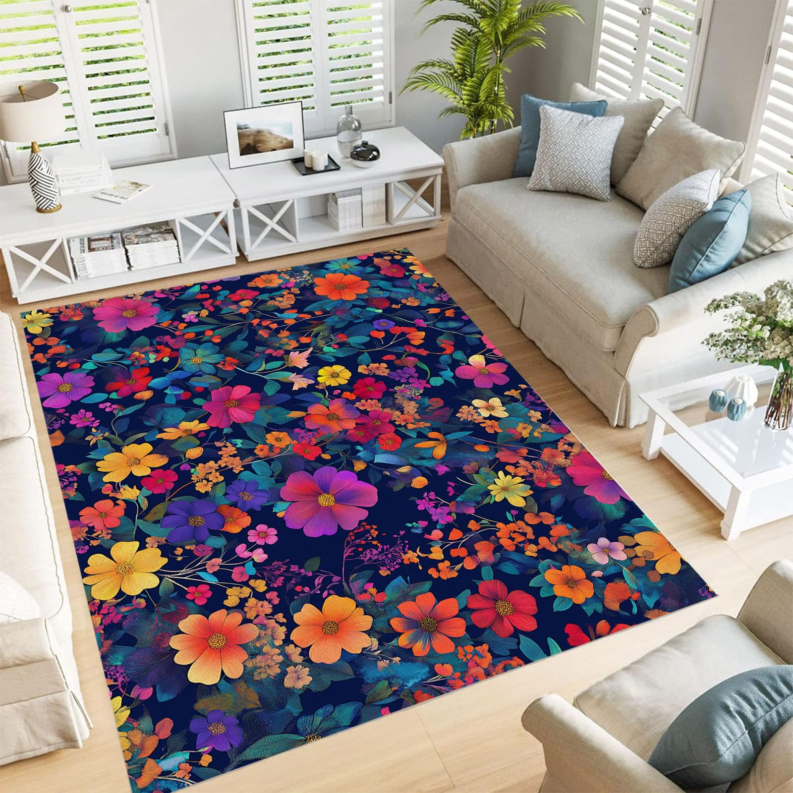 Tapis fleurs antidérapant grand format idéal pour sécuriser un salon