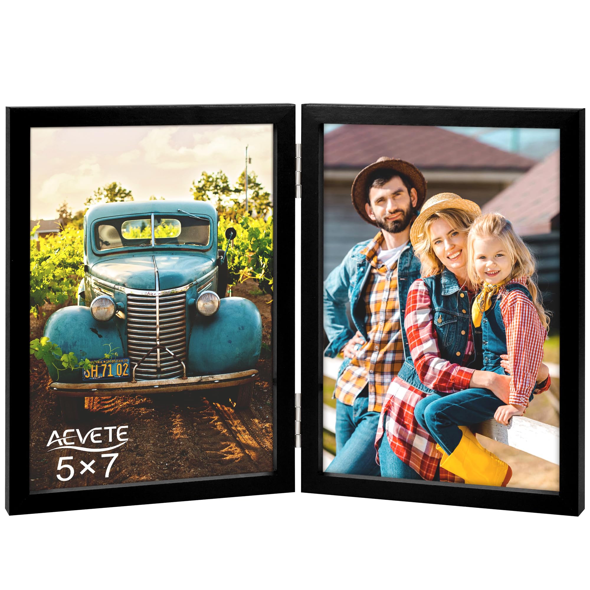 AEVETE 5x7 Picture Frames Double Hinged Wood Folding Photo Frames Vertical with Plexiglass Front, Black