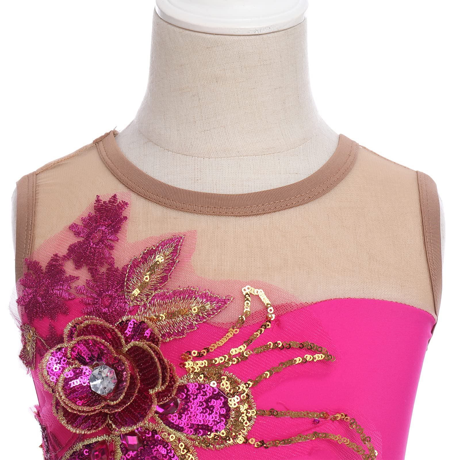 Vestito da pattinaggio artistico per bambine, senza maniche, con paillette e paillette, con fiori, in tulle, per balletto, ballerina, anni
