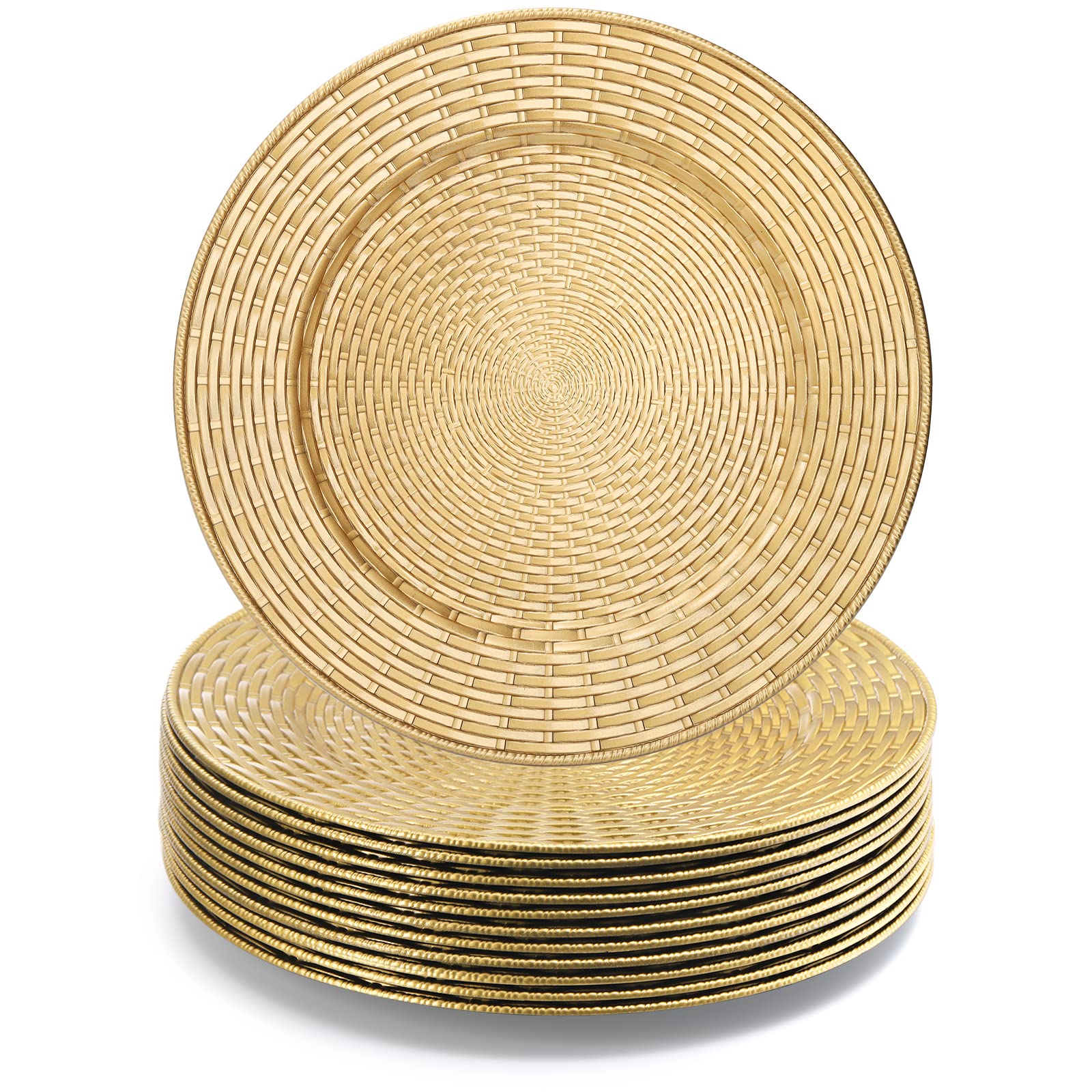 Mezchi Set of 12 Faux Rattan Charger Plates, 13 Inch Decorative Plastic Woven Plates Charger, Round Rustic Service Plate for Party, for Weddings, Events, Gold