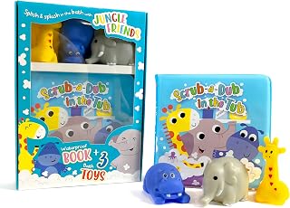 Little Hippo Books Scrub-A-Dub in the Tub: Waterproof Bath Book & Jungle Animal Bath Toys Set for Babies Toddlers