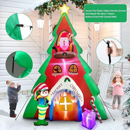 Miniatura 5 de Decoraciones inflables de Navidad de 10 pies para exteriores, casa de árbol inflable con Papá Noel y elfos, decoraciones de patio inflables de