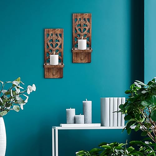 Miniatura 5 de Juego de 2 candelabros de pared de madera quemada, portavelas de pilar montados en la pared para decoración navideña, apliques de madera rústica,