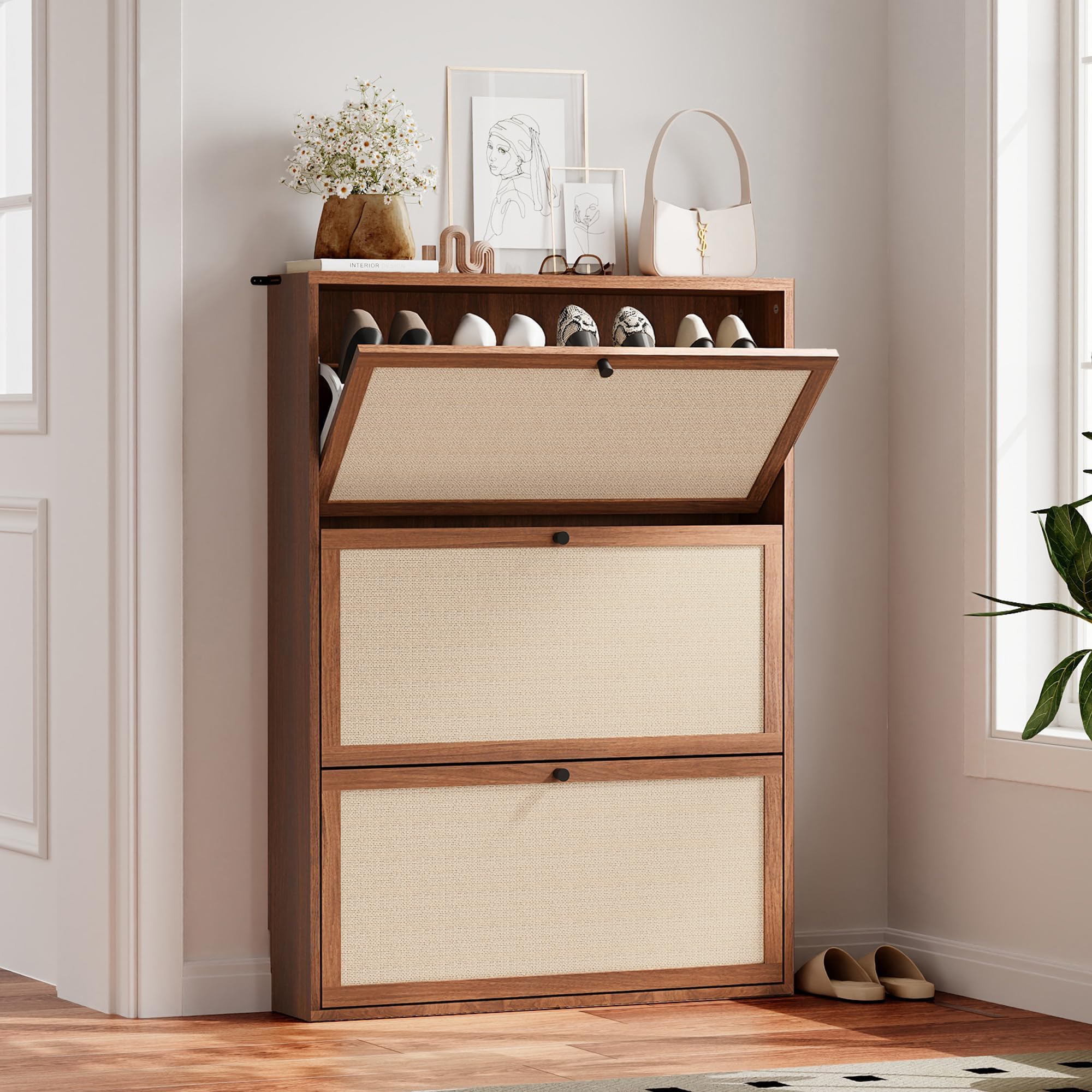 AVZEAR Narrow Shoe Storage Cabinet for Entryway with Natural Linen Panel, Freestanding Slim Shoe Cabinet with 3 Flip Drawers, Wood Shoe Organizer Closed Shoe Rack for Hallway, Living Room(Walnut)