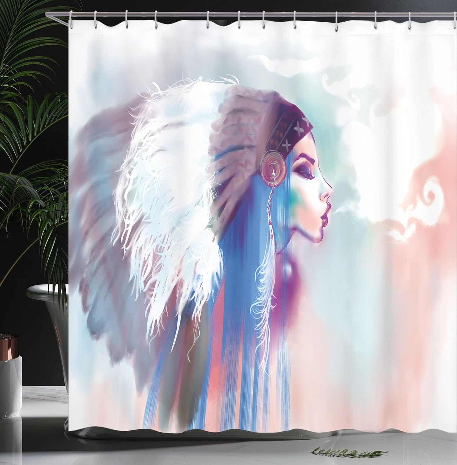 Ambesonne Tribal Shower Curtain, Girl Smoking Traditional Clothes Abstract Watercolor Background Illustration, Cloth Fabric Bathroom Decor Set with Hooks, 69" W x 75" L, Blue Mauve Salmon