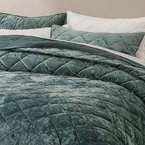 Miniatura 9 de EVERGRACE Juego de edredón de terciopelo triturado de lujo, tamaño King, edredón de terciopelo ligero acolchado de diamante, ultra suave, juego de