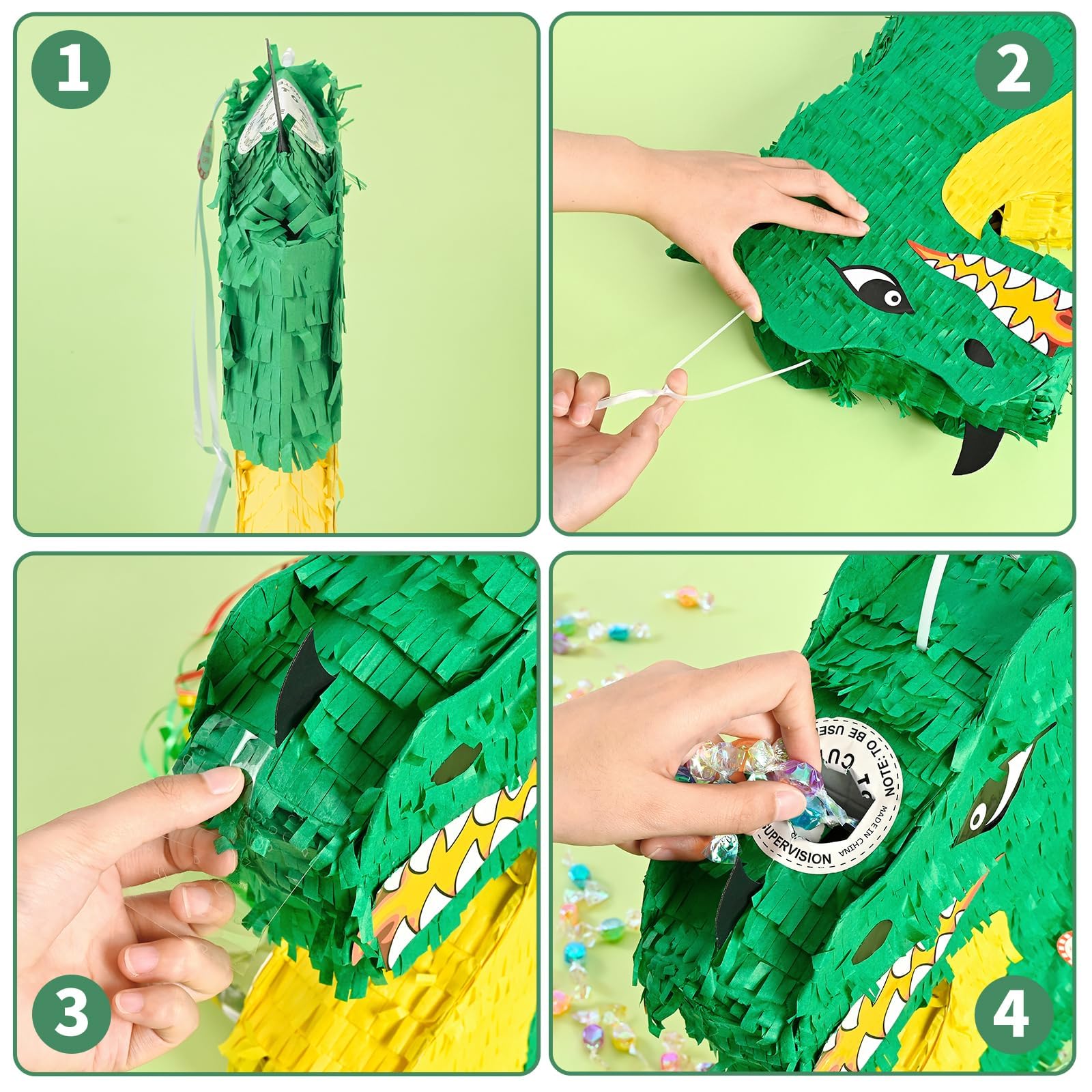 WERNNSAI Drachen Piñata – Drache Pinata Geburtstag Deko Junge Kindergeburtstag Faltbare Dino Piñata mit Stock Augenbinde Quasten Dino Geburtstagsparty Dekoration Partyspiele 41,9 x 31,8 cm