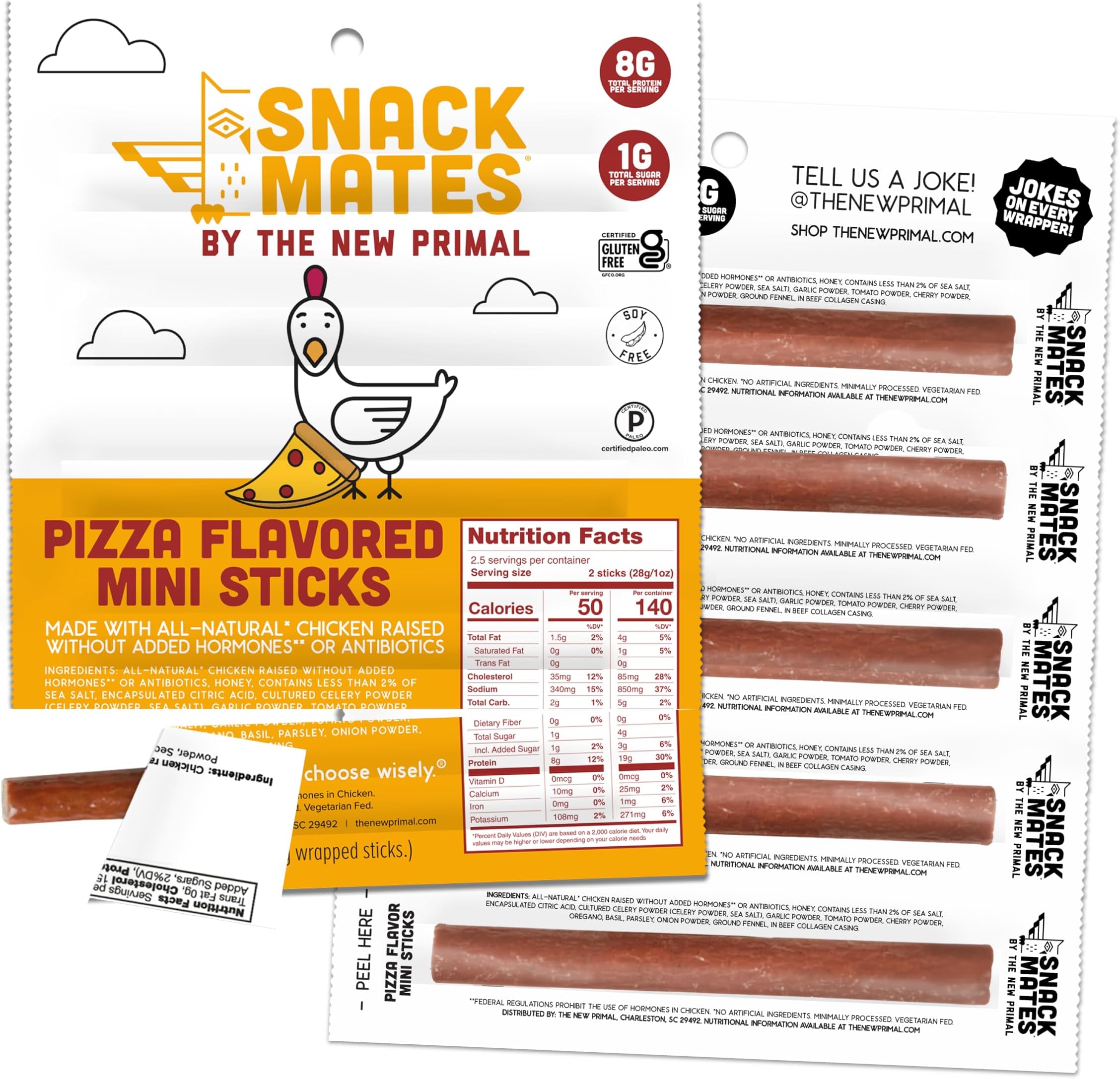 New Primal Snack Mates Pepperoni Pizza Chicken Sticks, Gluten Free Healthy Snacks for Kids, Low Sugar High Protein Back to School Snacks, Mini Paleo Jerky Meat Stick, 8g Protein, 50 Calories, 10 Pack