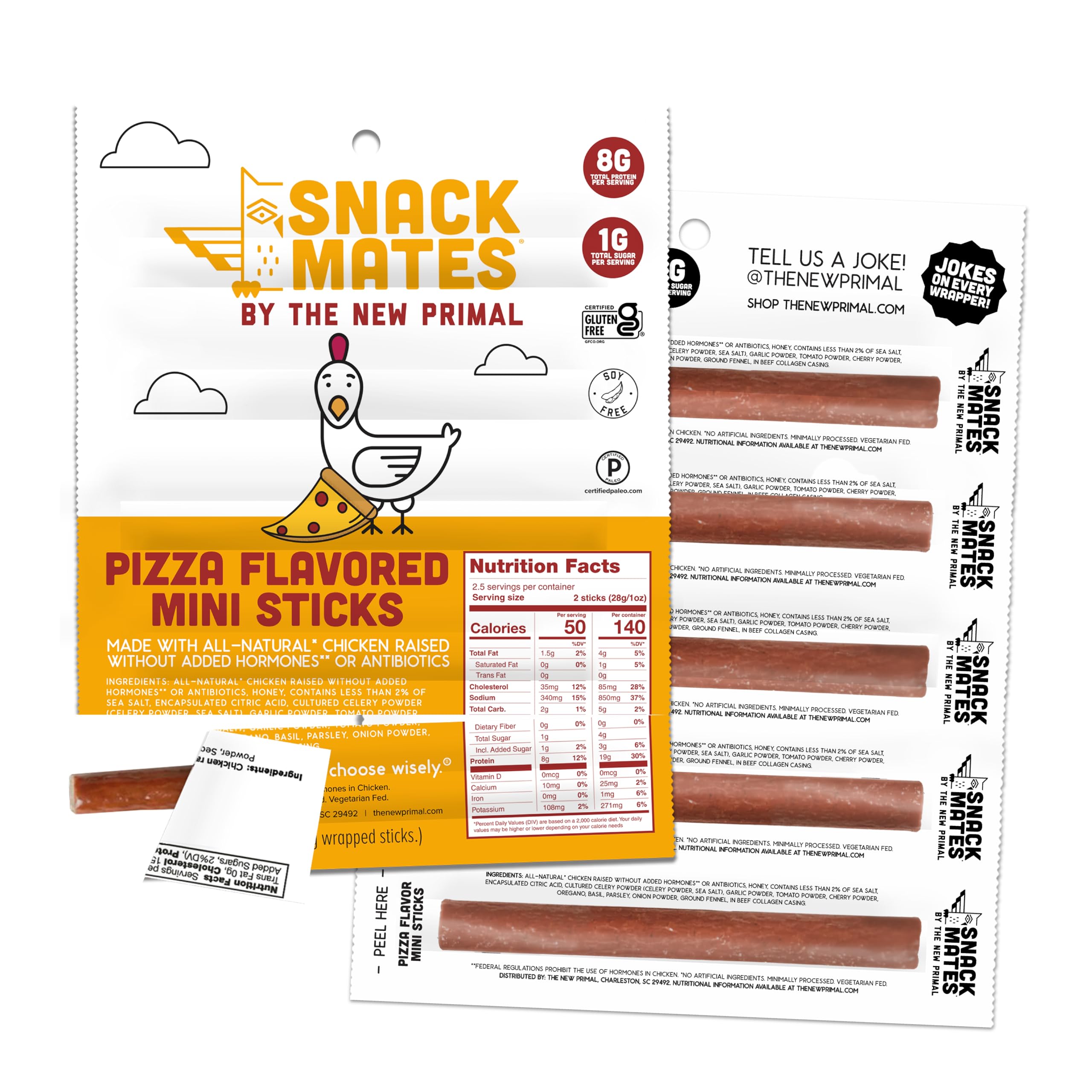 New Primal Snack Mates Pepperoni Pizza Chicken Sticks, Gluten Free Healthy Snacks for Kids, Low Sugar High Protein Back to School Snacks, Mini Paleo Jerky Meat Stick, 8g Protein, 50 Calories, 10 Pack