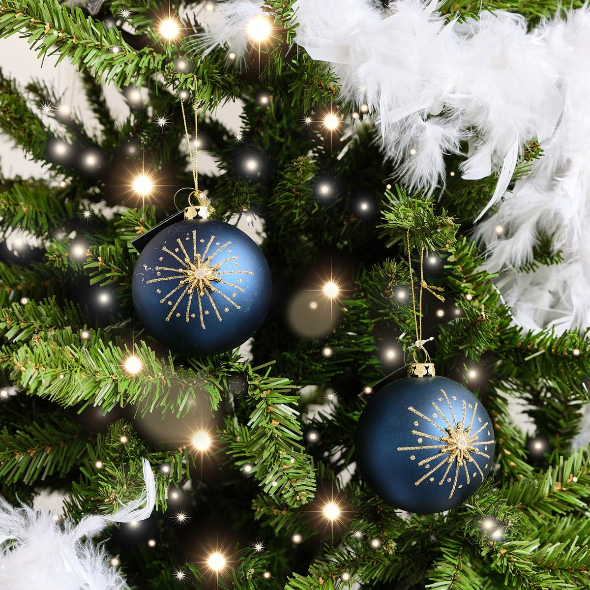 Melody Maison Set of 2 Navy Blue & Gold Glittered Starburst Baubles - 8cm