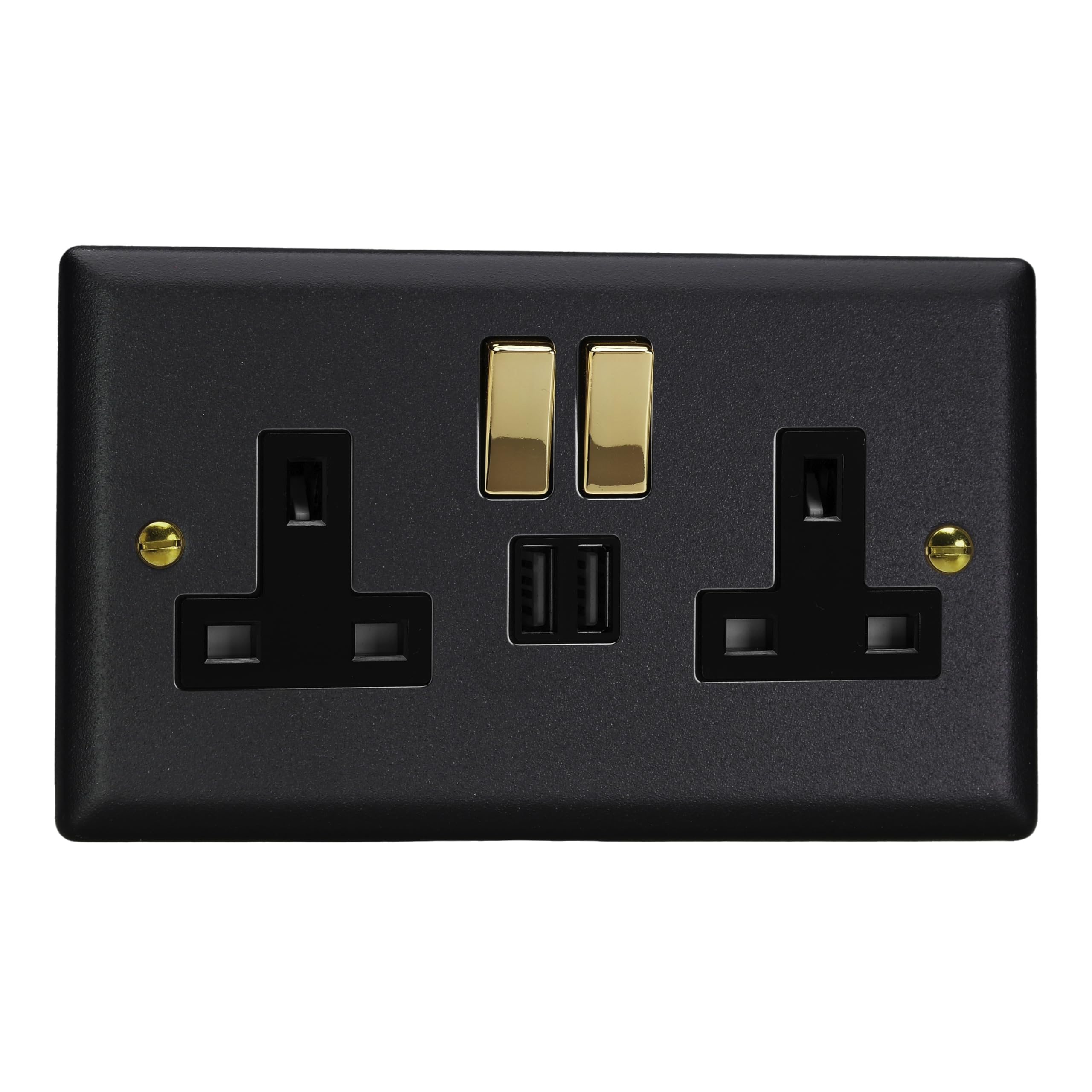 Varilight Double Switched Plug Socket With Usb ChargingVogue Matt Black With Polished Brass/black InsertXy5U2Svb.mb from B&Q