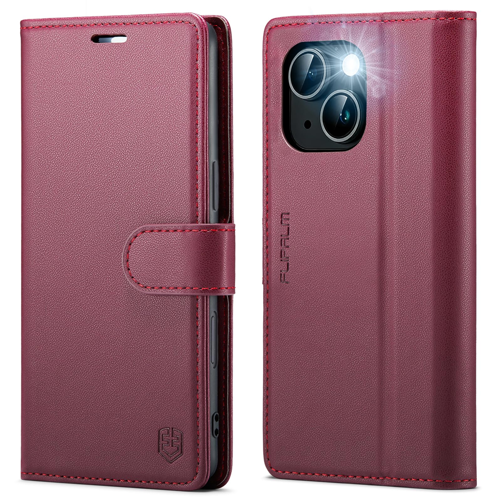 FLIPALM Wallet Case for iPhone 15 Series, RFID Blocking Credit Card Holder, PU Leather Folio Flip Kickstand Protective Shockproof Cover for Apple 15 Series (Red, iPhone 15-6.1")