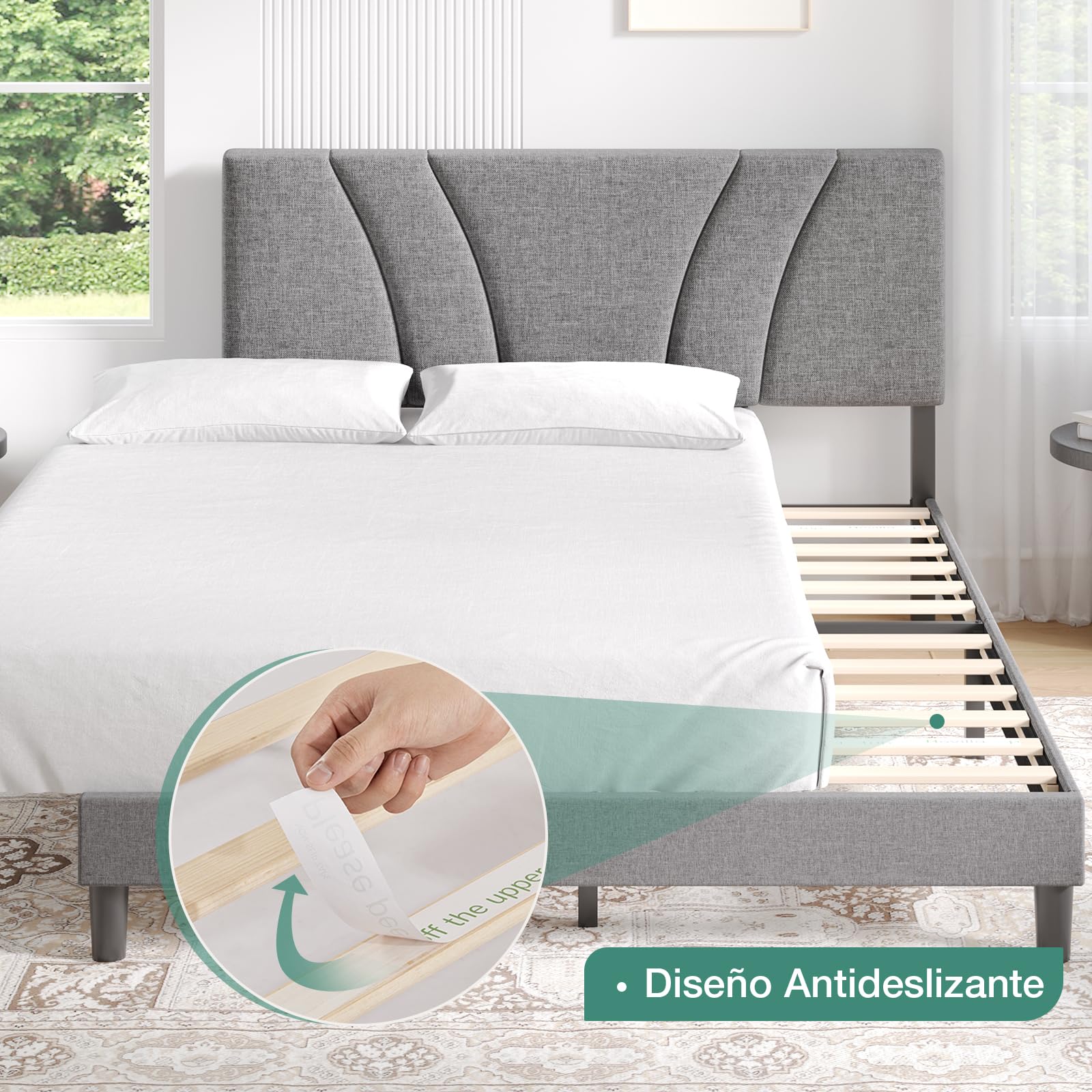 Novilla Somier 180 x 200 cm de Listones de Madera, Estructura de Cama de Laminas de chopo, cabecero tapizado Alto y cómodo de apoyarse, Fácil de Montar, Gris