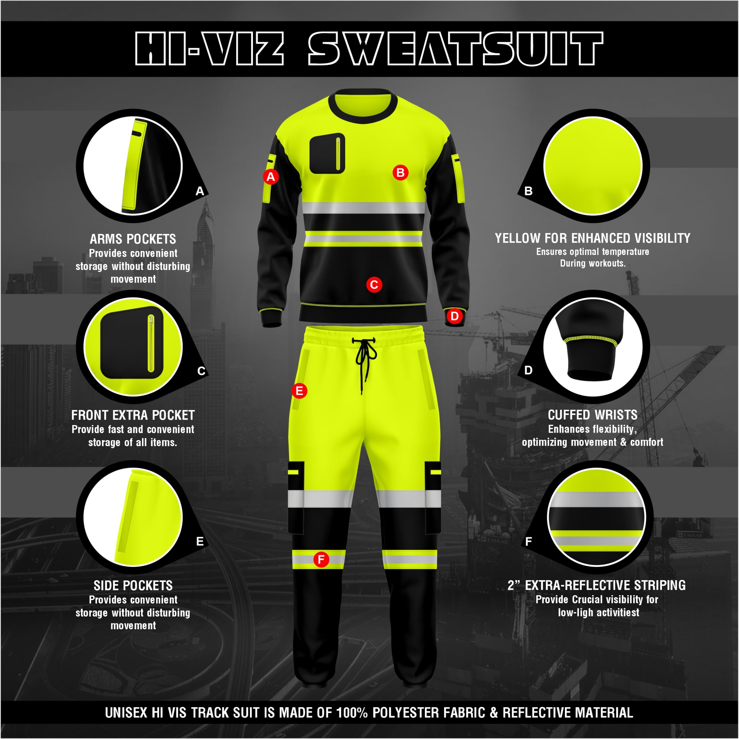 TORO ACTIVA Hi Vis Workwear - Conjunto de chándal de forro polar con dobladillo abierto, puños y bolsillos, con cordón, manga larga, sudadera de seguridad superior e inferior