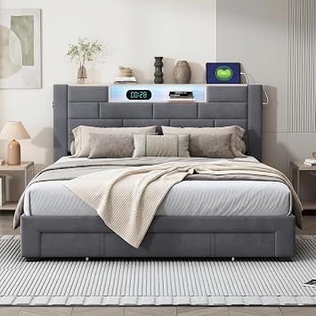 4ft6 Double Bed Frame with 3 Storage Drawers, LED Upholstered Beds, Double Storage Bed with LED and Charging Station, Sturdy Metal-Wood Support, Velvet, Grey, No Mattress (4ft6 Double Bed)