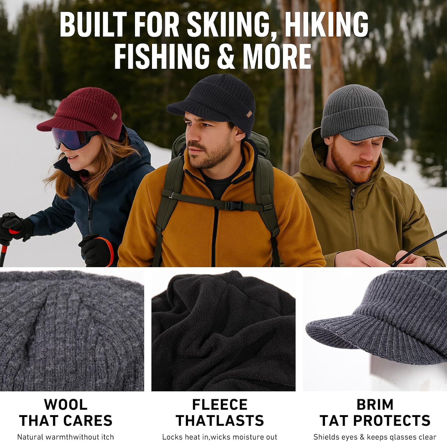 TOP-EX PolarWool™ 100% Merino Wool Winter Hat for Men Fleece Lined Visor Beanie with Brim Outdoor Knit Cap for Cold Weather - Image 9
